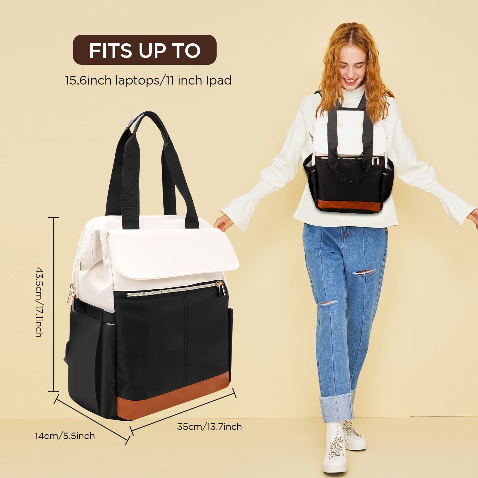 Cozary Plecak damski - stylowy i wodoodporny plecak na laptopa 15,6 cala, plecak PC, elegancki plecak na laptopa, do pracy, nauki, podróży i wypoczynku, Beżowy i czarny, 22L