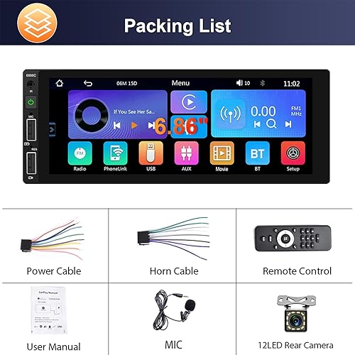 Miniatura 7 de Podofo Radio DIN individual con Carplay inalámbrico Android Auto Airplay Mirror Link, pantalla táctil HD de 6.86 pulgadas, receptores de audio