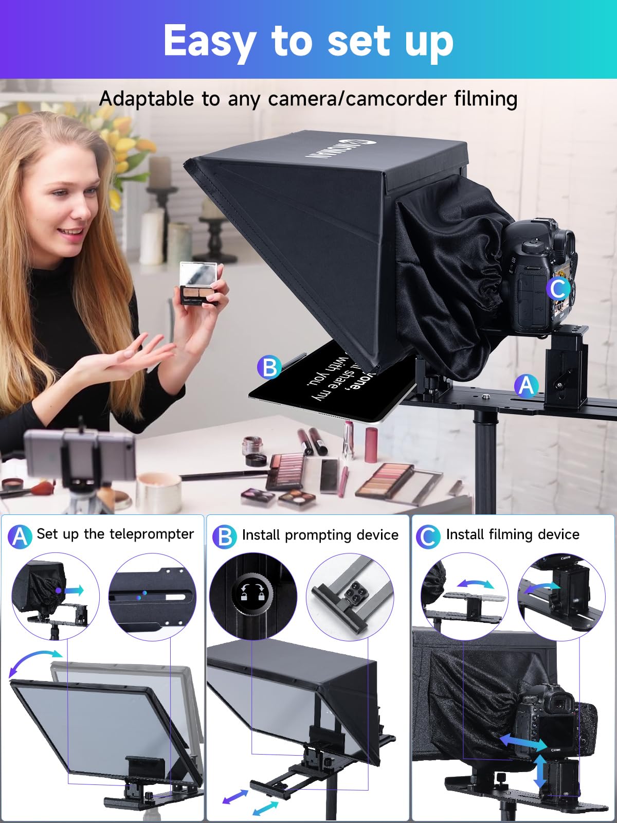 Teleprompter, Moman MT16 Prompter 16 cali, kompatybilny z iPadem/tabletem/smartfonem z aplikacją i zdalnie sterowanym nagrywaniem lustrzanek cyfrowych/kamer wideo, teleprompterów wideo