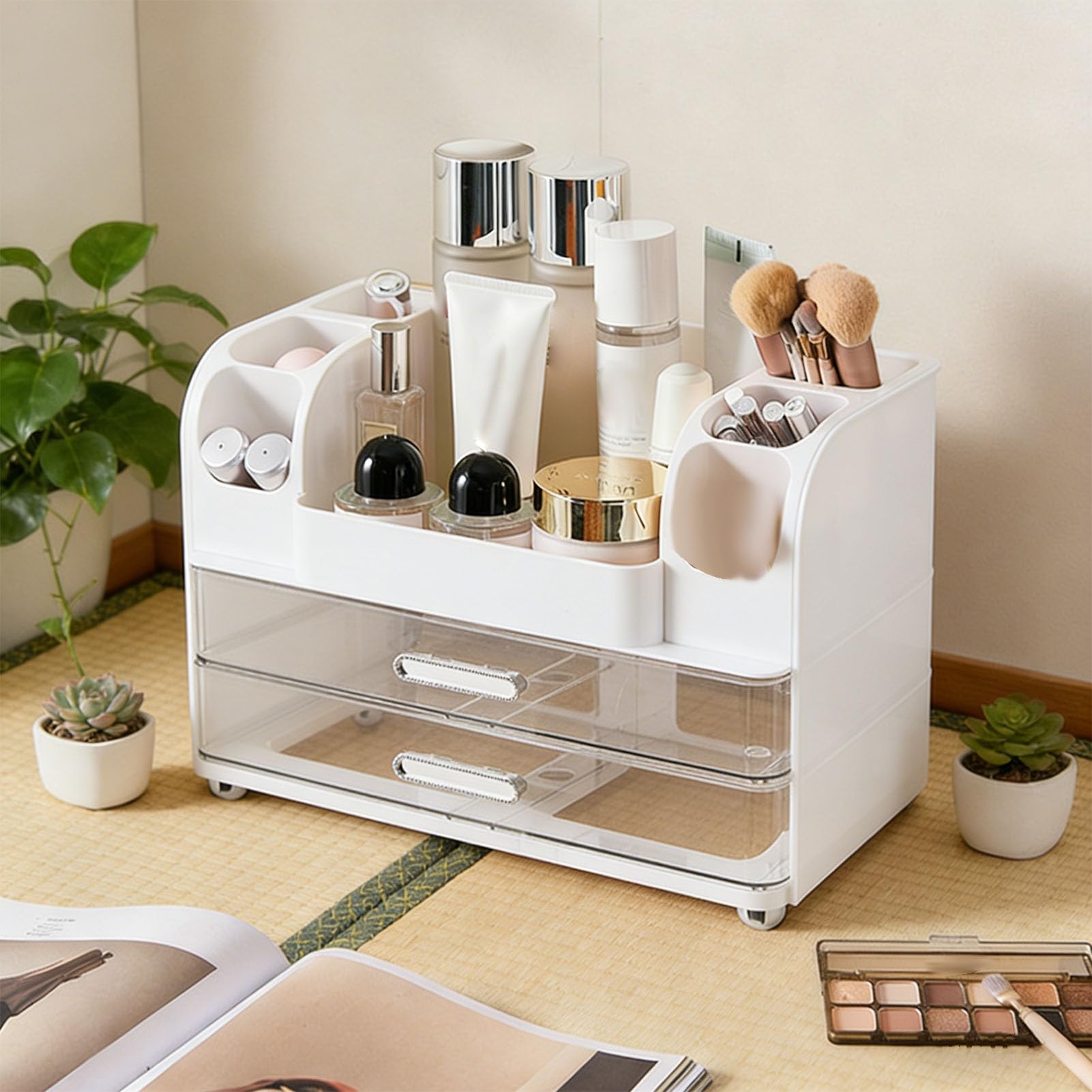 TOPINCN Organizador de Maquillaje con Cajones, Estante de Tocador de Almacenamiento de Cosméticos de Gran Capacidad para Cuidado de la Piel y Lápices Labiales, Material ABS PET (WHITE)