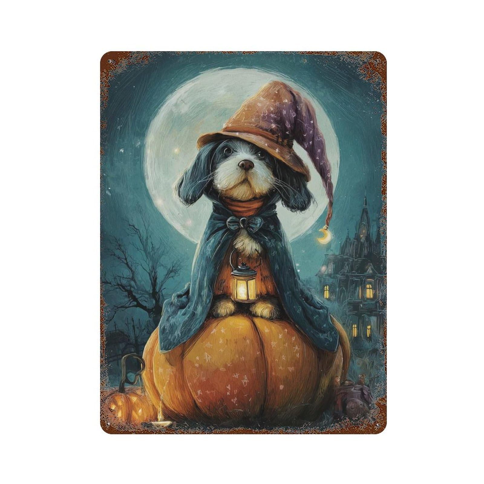 Dog Wizard on Pumpkin Halloween Night 15.7"x11.8" Vintage Rust Metal Sign, Shabby Chic Decor for Garage, Bar And Workshop Decor
