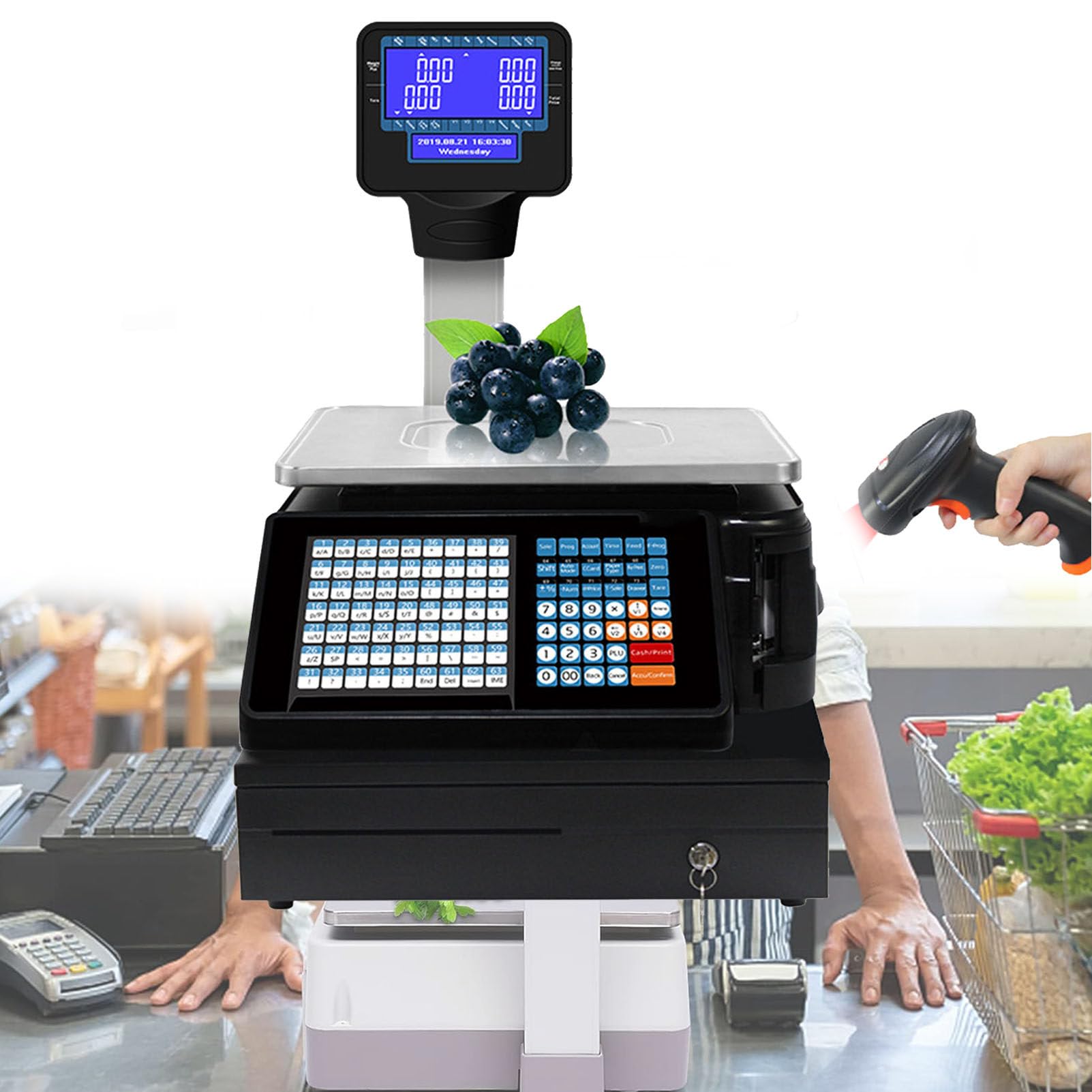 SaryEdge Price Computing Scale with Pole Display, Commercial Thermal Printer, Double-Sided Display Price Label, Electronics Printing Scale Barcode Scale Cash Register with Sc,30kg/66lbs