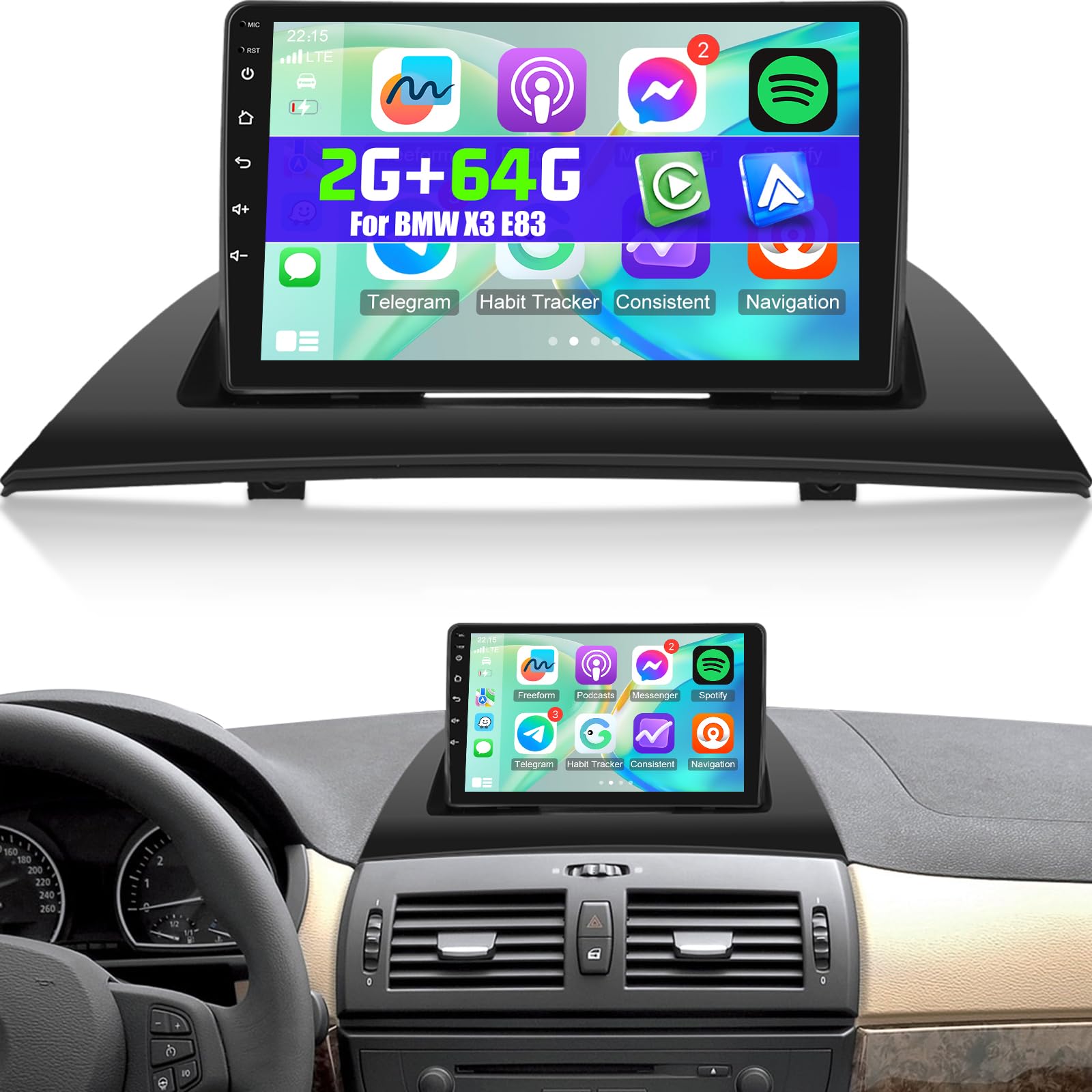 NHOPEEW Autoradio Android 2G+64G pour BMW X3 E83 2004-2012 - sans Fil Carplay & Android Auto - Stéréo Android 9 Pouces avec WiFi EQ GPS Mirror Link FM RDS + AHD Caméra de recul&Mic