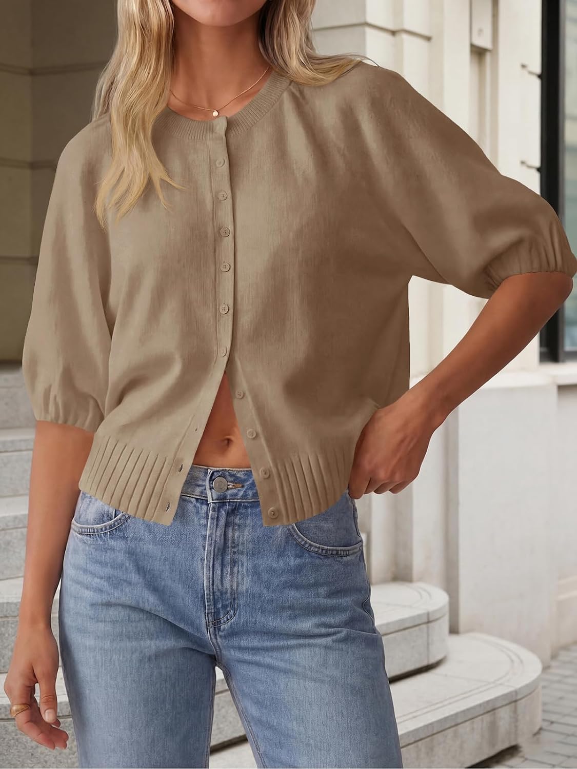 Saodimallsu Womens Short Sleeve Cardigan Lightweight Knit 2026 Spring Summer Crew Neck Button Down Sweater Tops thumbnail