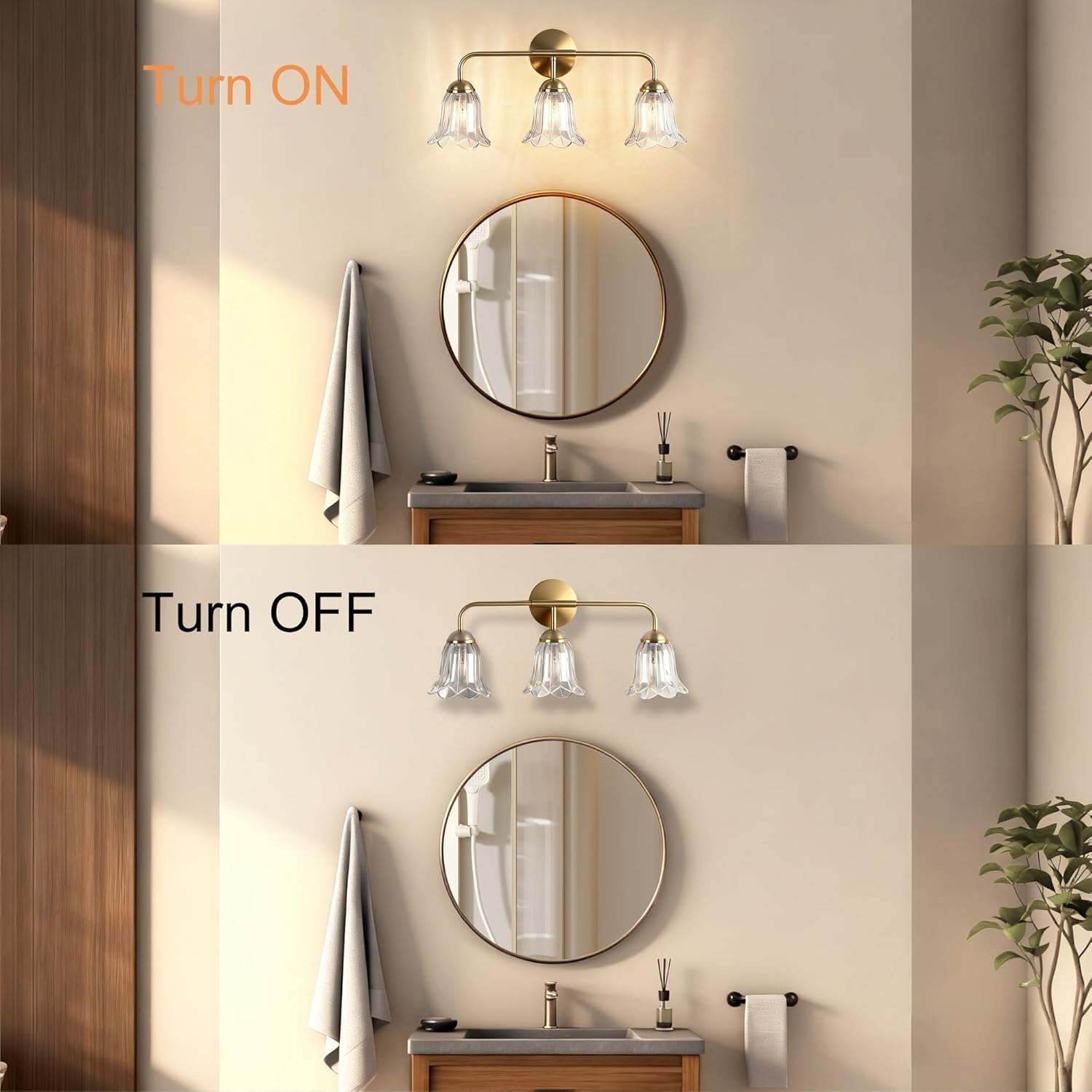 3-Lights Bathroom Vanity Light, Gold Vintage Bathroom Light Fixtures, Matte Antique Brass Finish with Crystal Glass Shade, Wall Sconces Lighting for Living Room, Bedroom, Hallway（E12 Base）