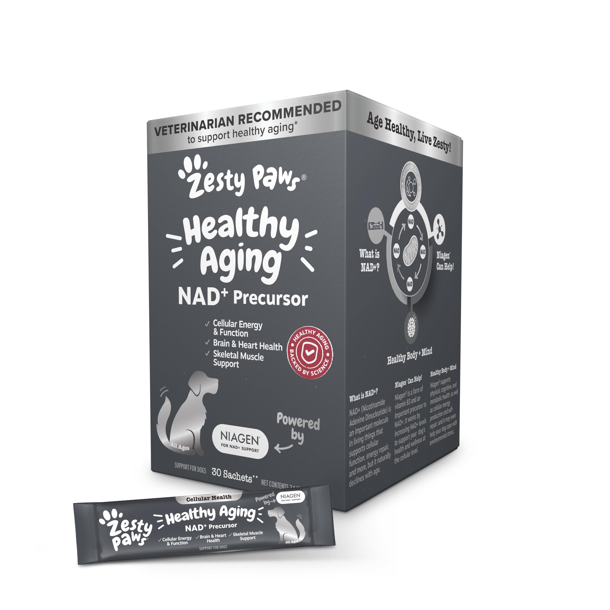 Zesty Paws NAD+ Precursor Supplement for Dogs - Niagen for Healthy Aging & Skeletal Muscle Support & Recovery - Brain, Heart, & Cellular Energy Support - Nicotinamide Riboside Chloride – 30 Sachets