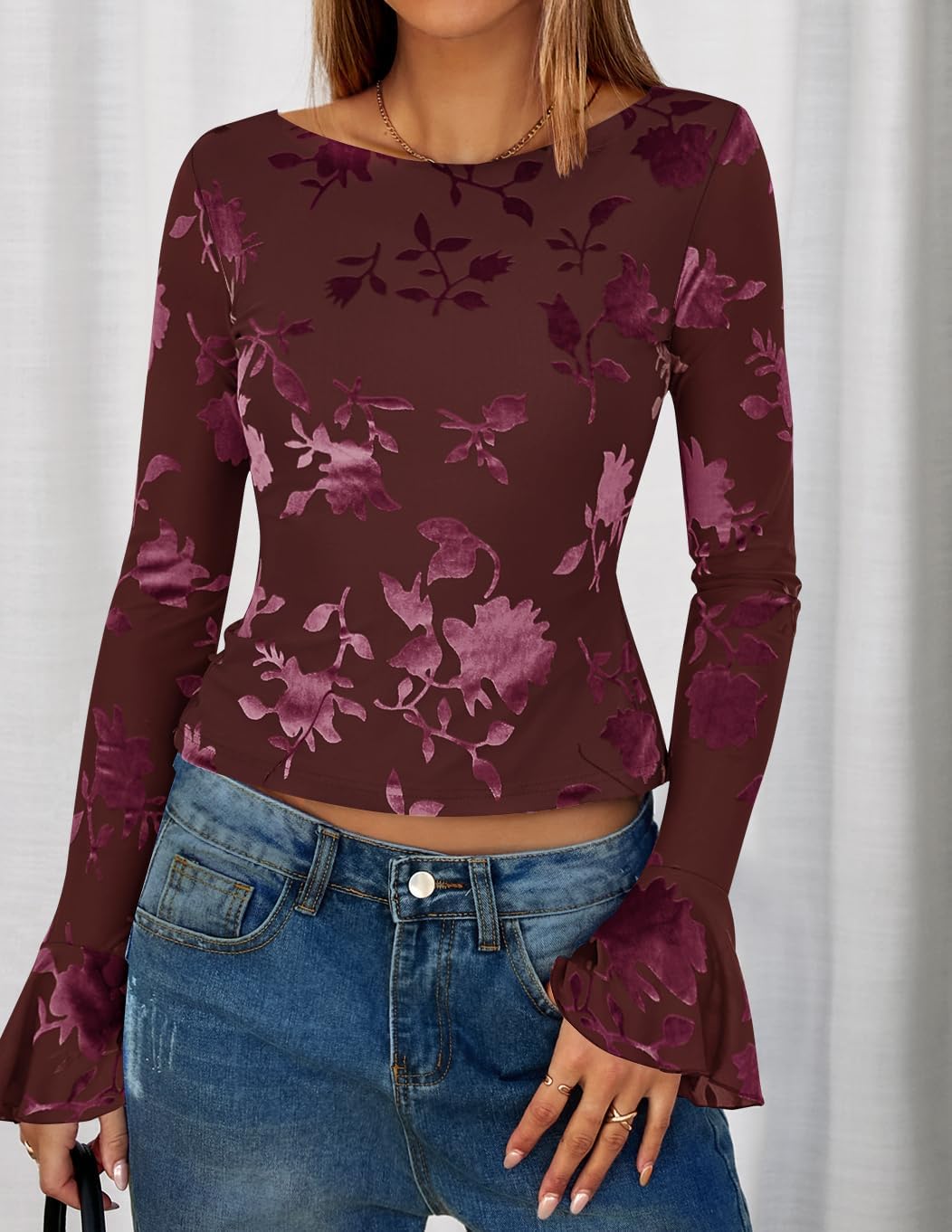 ZESICA Womens Bell Long Sleeve Going Out Tops 2026 Spring Trendy Mesh Floral Fitted Shirts Cute Date Y2k Top Outfits - Image 7