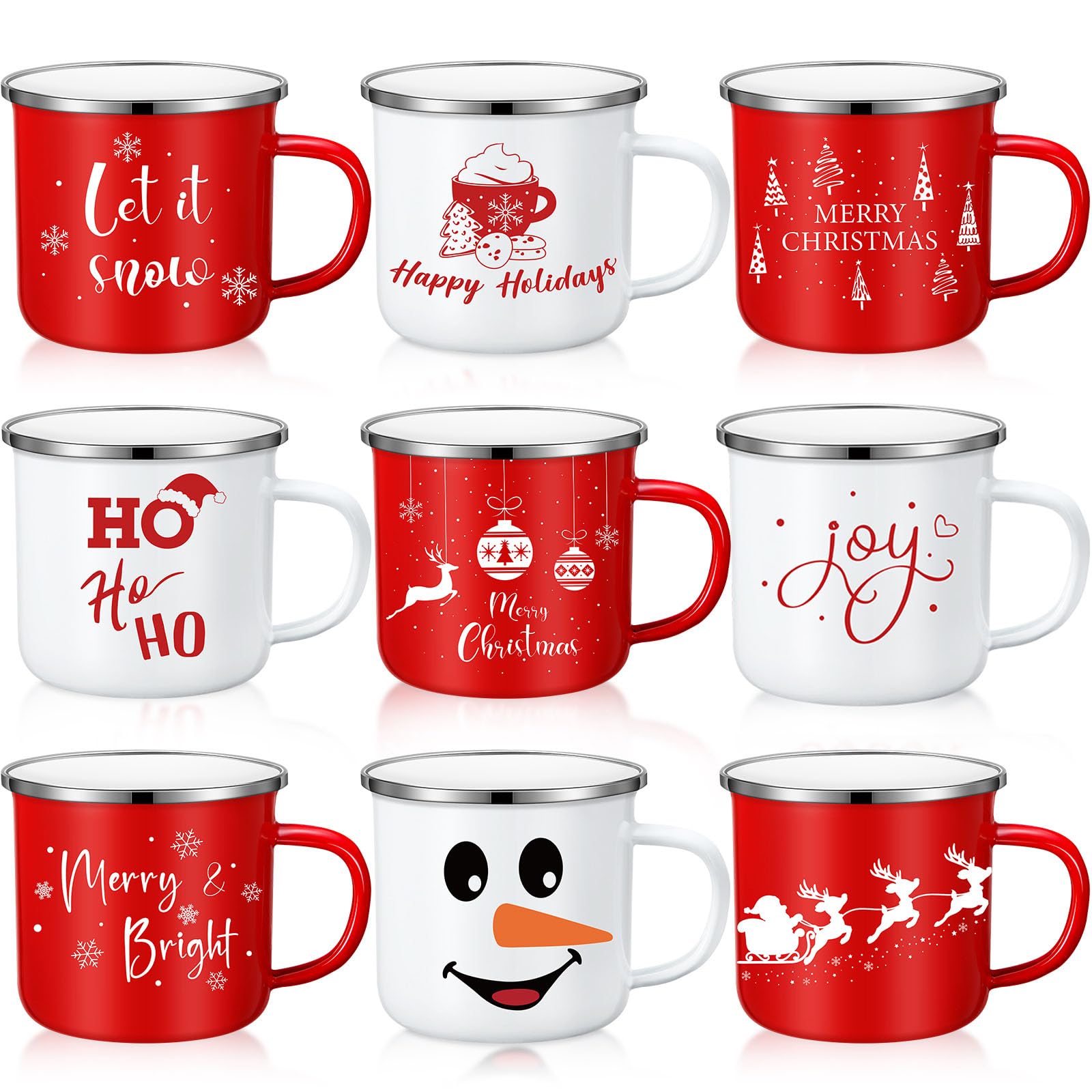 Zhehao Emaille-Tassen für den Winterurlaub, 325 ml, saisonale Frohe Weihnachten, heiße Schokolade, Kaffeetassen für Weihnachten, Kaffee, Tee, Damen, Kollegen, Geschenk (niedliches Design), 9 Stück