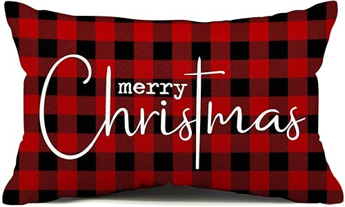 Allorry Fundas de almohada navideñas con texto en inglés Merry Christmas, decorativas, de tela de algodón, color rojo, de lino, funda de almohada