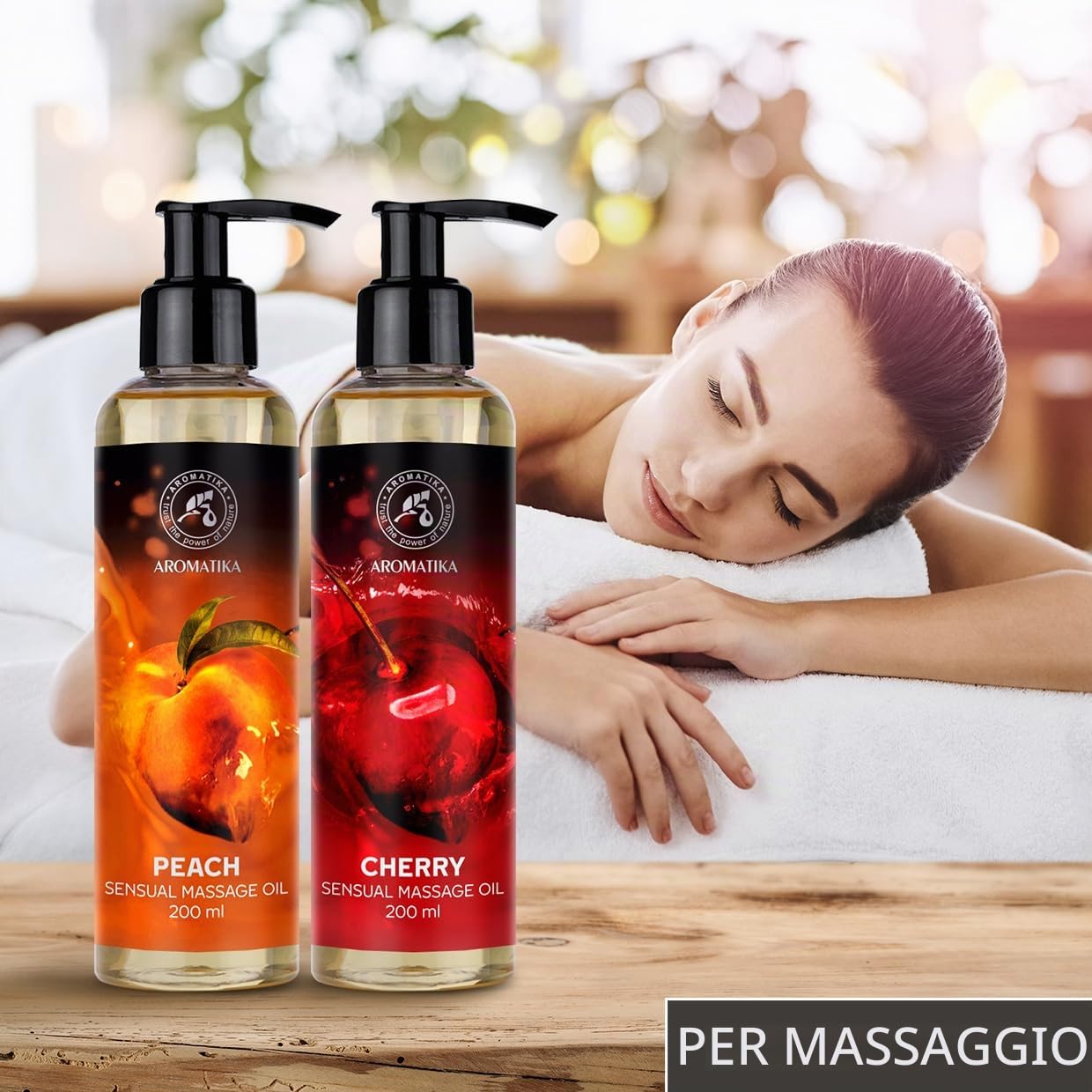 Sensual Massage Oil Set 2x200ml - Pesca e Ciliegia - Olio da massaggio commestibile e baciabile - Miscela di oli di mandorle e vinaccioli e macadamia - Olio per il corpo per lui e lei - per coppie