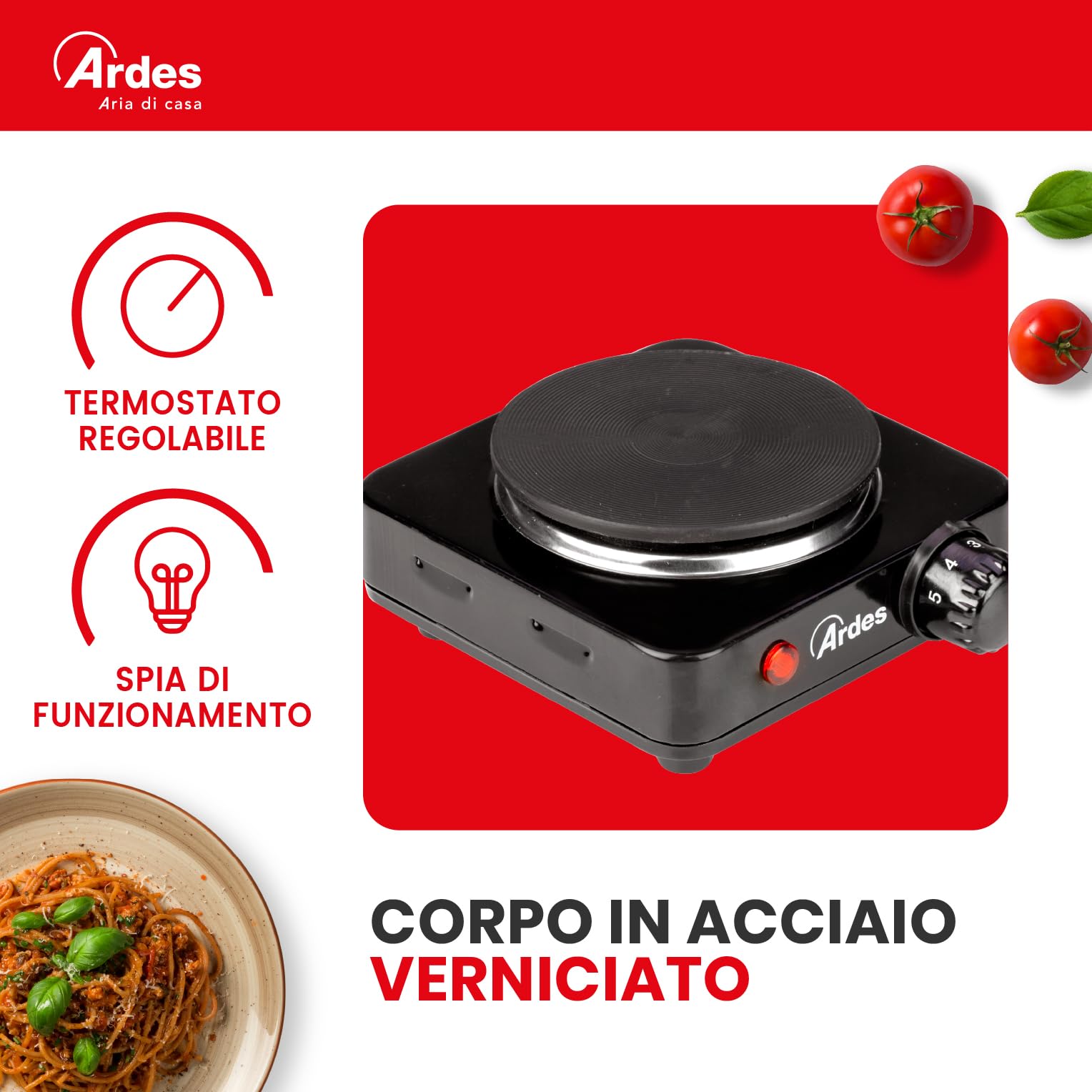 ARDES Hornillo eléctrico pequeño de 1 Placa de fundición en Acero pintado Diámetro Placa 9,5 cm con Termostato de Regulación Temperatura Modelo TIKAPPA AR1F18 Negro