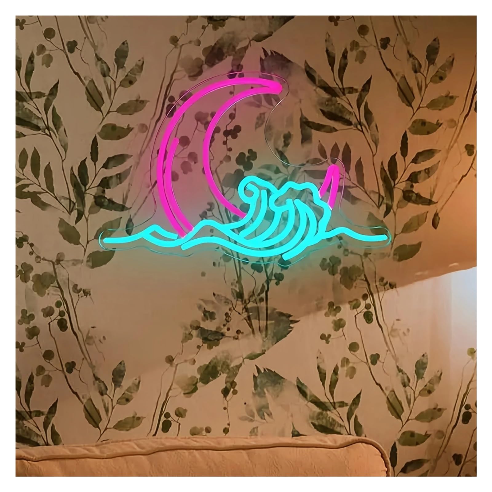 Lemst One Color Signs Lamp Moon Wave Neon Signs Usb Powered Pink Moon Moonrise Over Sea Wave Neon Lights, Suitable For Window Decor 27Cmx40cm