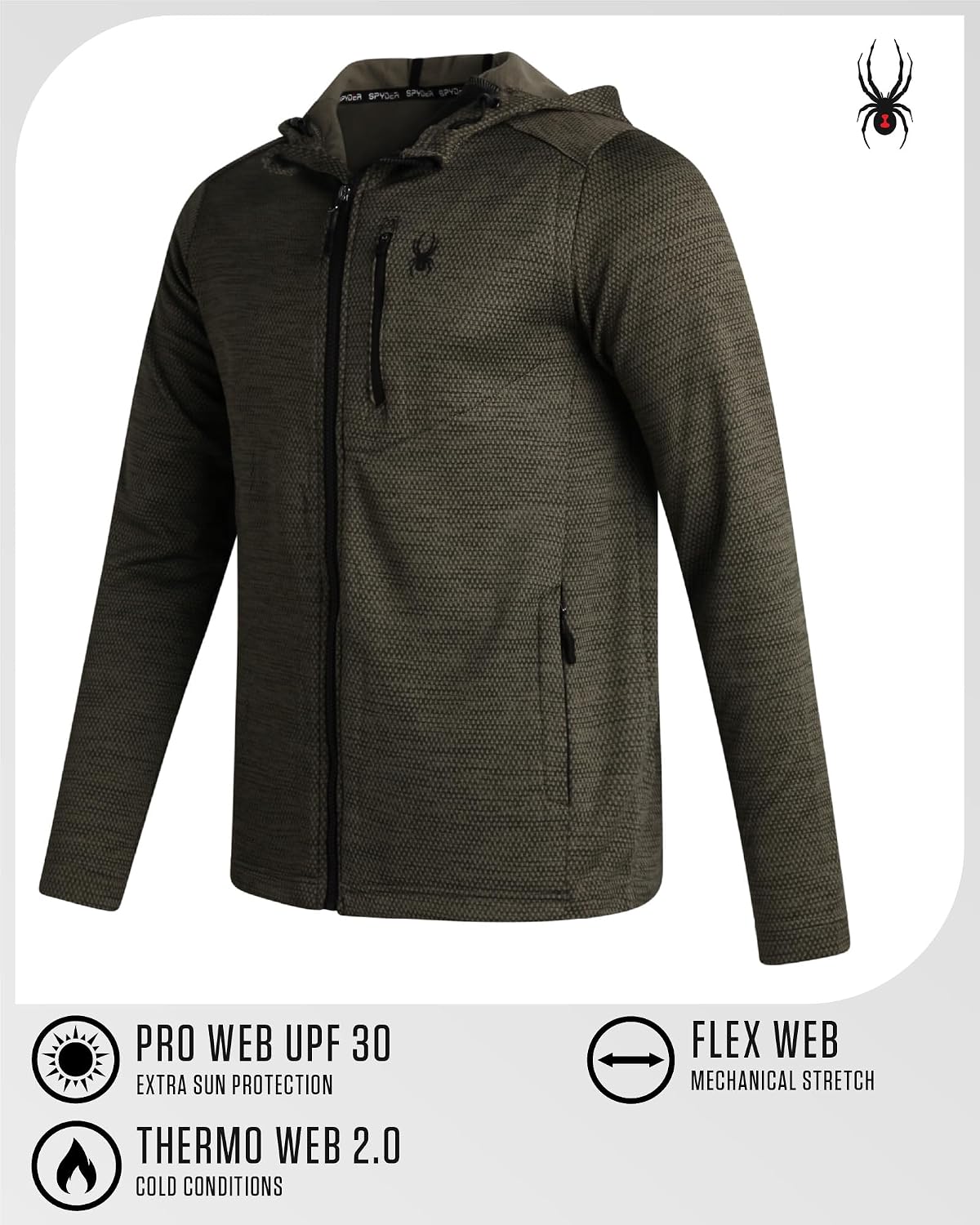 Spyder Mens Zip Up Hoodie - Hoodies for Men, Performance Fleece Sweatshirt Zip Up Hoodie for Hiking Gym UPF 30 Sun Protection