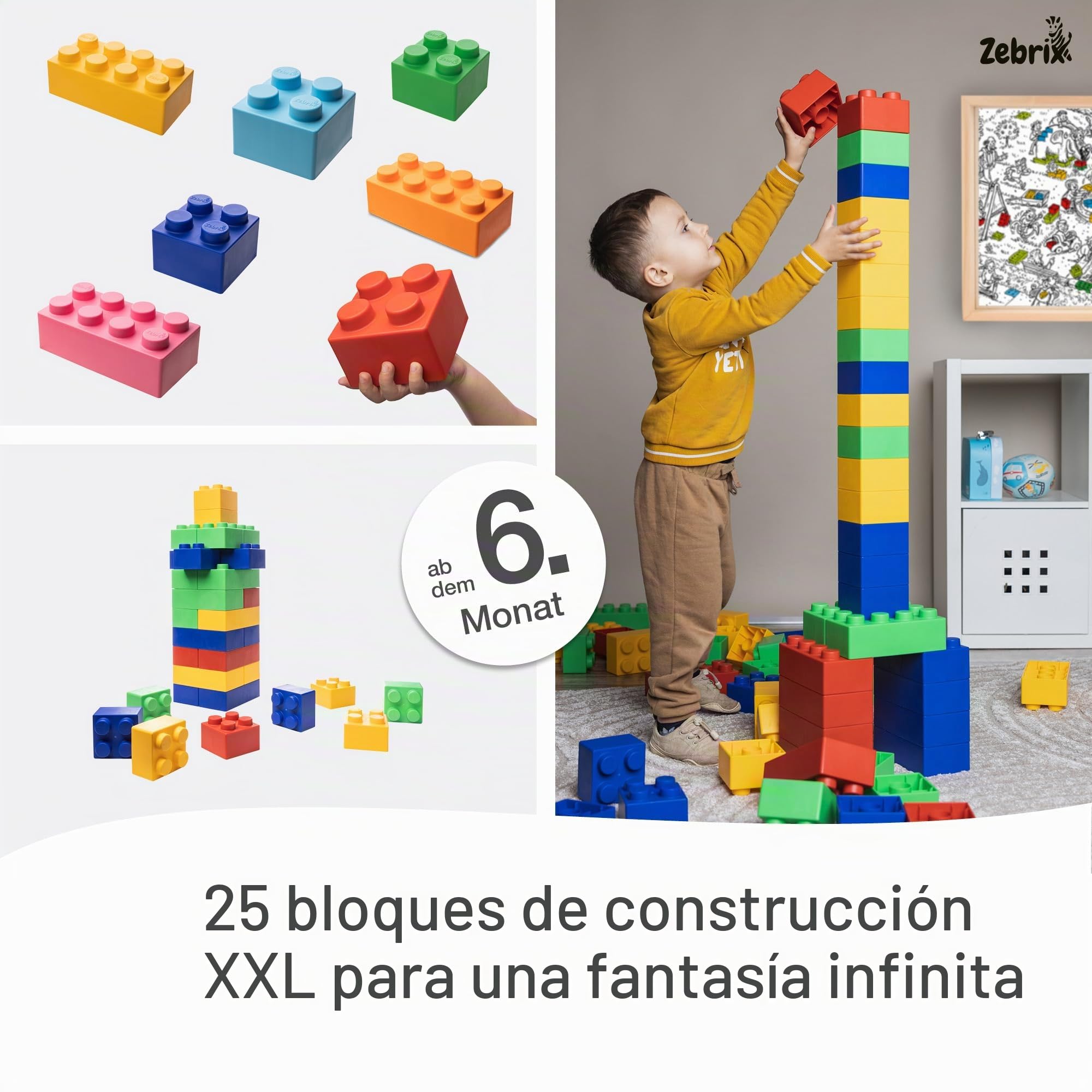 XXL 25 piezas de construcción 7 colores | Grandes bloques de construcción en rosa, celeste, naranja, rojo, verde, azul y amarillo - (25 piezas) | Para bebés y niños | Fabricado en Alemania