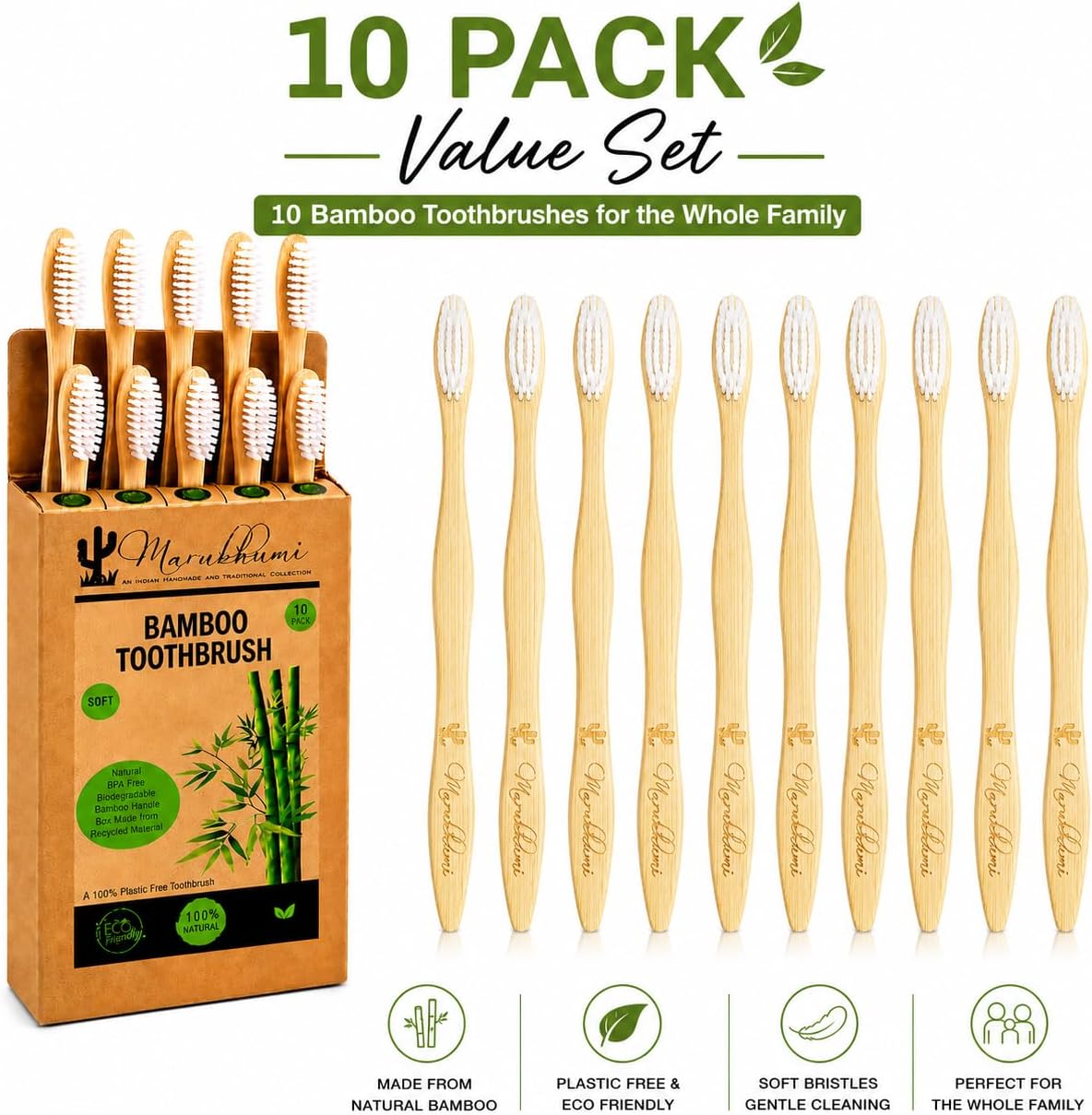 Marubhumi Natural Organic Bamboo Wooden Toothbrushes, 10 Pack Biodegradable BPA Free Soft Bristles Toothbrushes for Travel, Eco-Friendly, Plant image 2