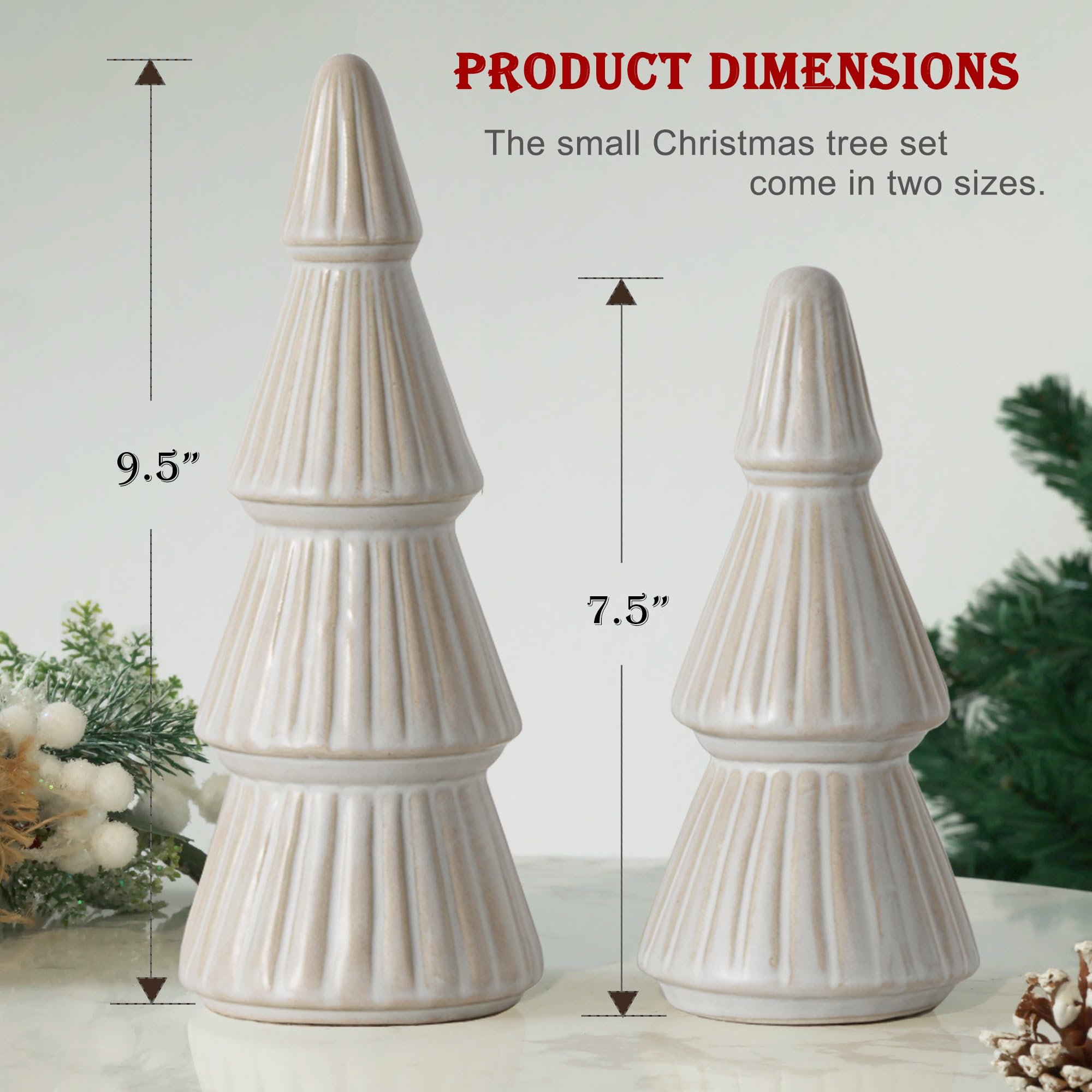 Decoraciones de Navidad, árbol de Navidad de cerámica, pequeños árboles de decoración de Navidad de granja para mesa, mantel, juego de 2 (9.5 pulgadas de alto + 7.5 pulgadas de alto)