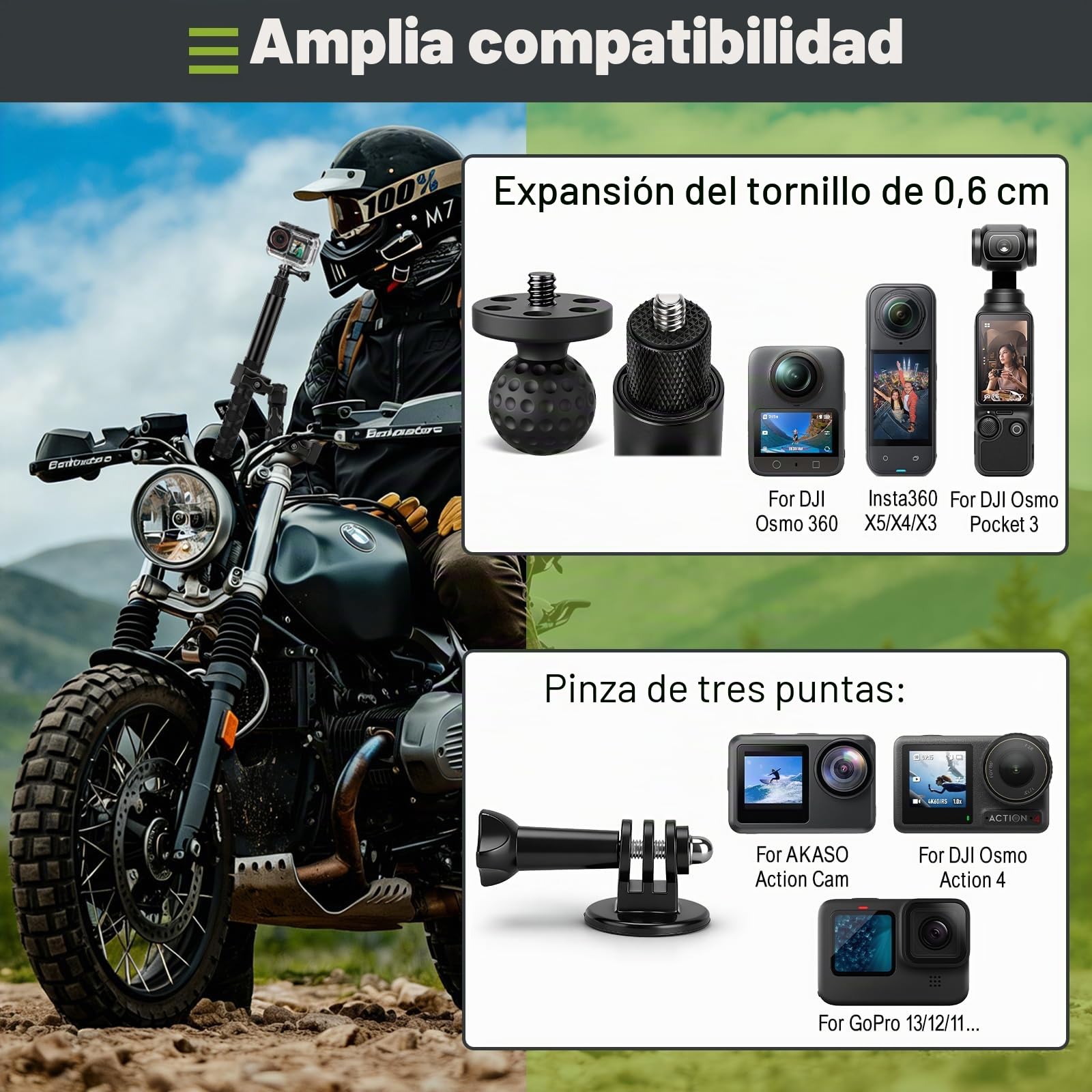 Soporte para Moto Insta 360 X5 X4, Kit de Montaje para Manillar de Bicicleta con Palo Selfie Invisible 120cm y Doble Abrazadera Accesorio para Insta360 X5 X4 X3 GoPro Hero 13 12 dji Osmo Pocket 3/4