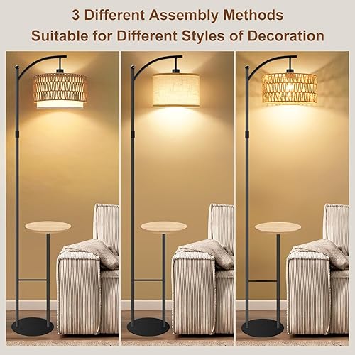 Miniatura 6 de Lámpara de pie de arco con mesa, lámparas de pie de ratán boho para sala de estar con control remoto regulable 3 temperaturas de color, lámpara de