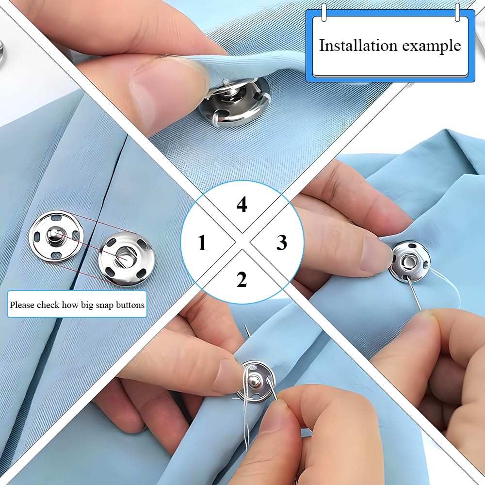Botones a presión para coser, cierre a presión de metal, broches de costura grandes, botones duraderos para ropa de tela, 4 tamaños 0.39/0.59/0.75/1 pulgada, 48 juegos de botones de presión para coser