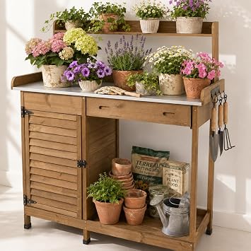 Potting Bench Table Work Bench with Storage Cabinet Outdoor Wooden Garden Workstation with Metal Tabletop/Drawer/Hooks/Open Shelf41" LX 12.5" W X 49.2" H