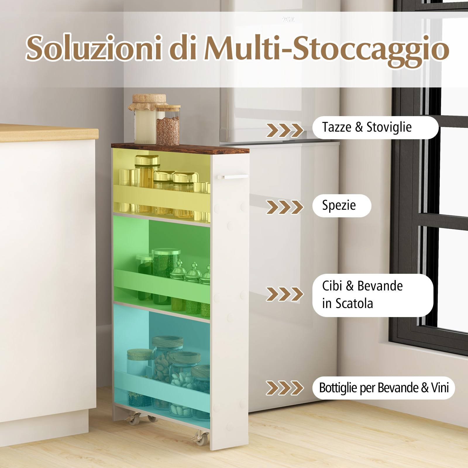 GYMAX Carrelli Portaoggetti a 4 Ripiani, Carrello con Ruote Salvaspazio con Maniglia, Carrello a Scaffale Slim Stretto in Legno per Cucina, Bagno, Lavanderia, 47,5 x 13 x 80,5 cm (Bianco+Marrone)