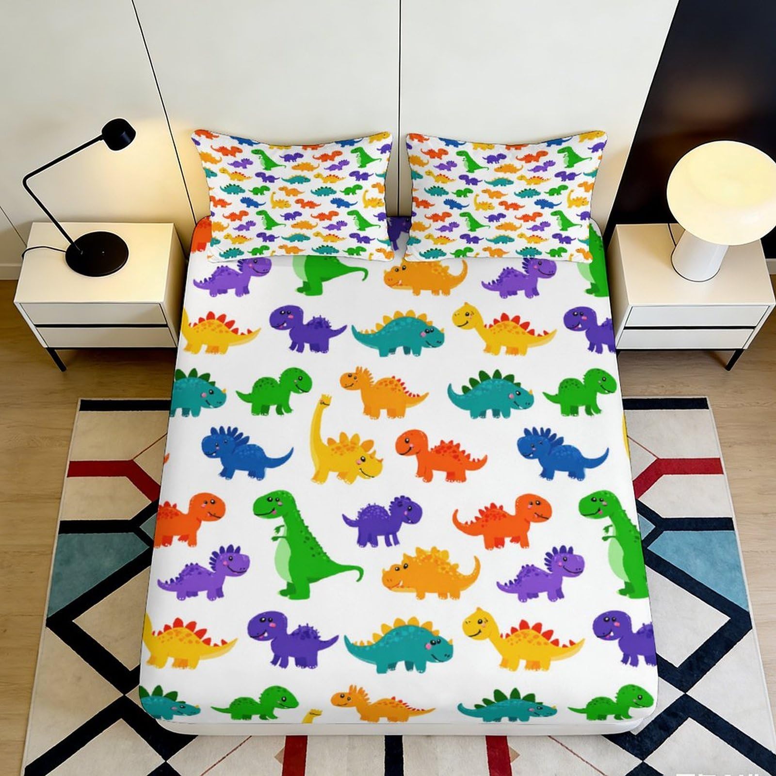 Uxinyoume Style-1 3D Printed Colorful Dinosaur Fitted Sheet Microfiber Soft Breathable Cartoon Animal Mattress Cover For Bedroom Guest Room Decor 90X200x25cm