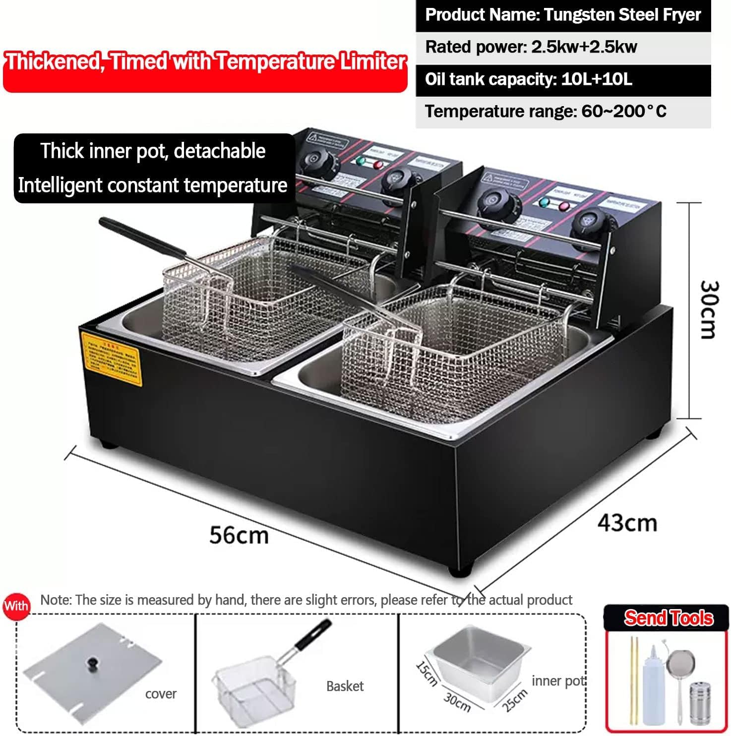 Freidora eléctrica con Cesta extraíble y Resistencia Profesional, sartén Antiadherente y Controles de Temperatura Ajustables, fácil de Limpiar, para Uso doméstico y Comercial.