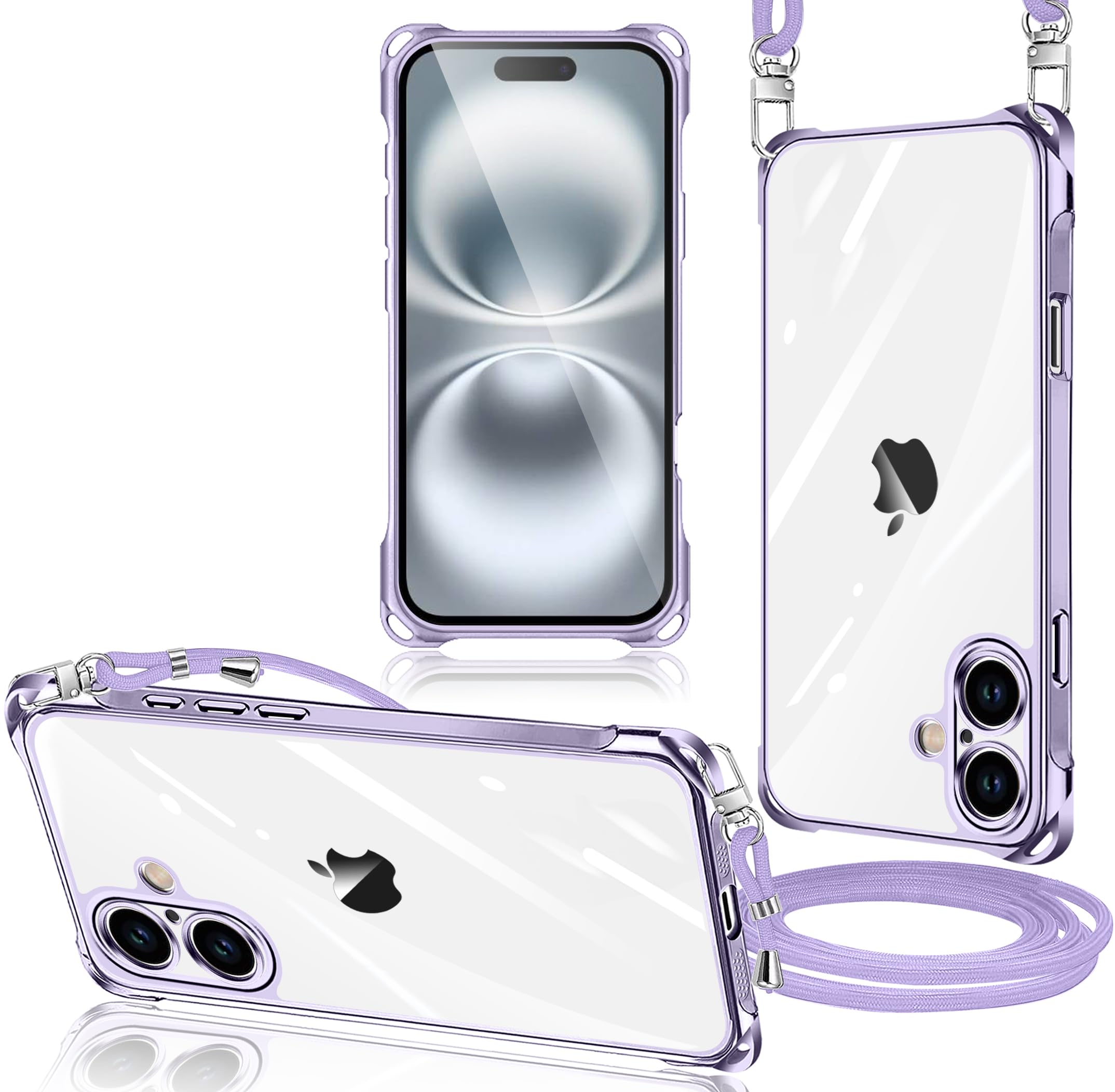 iPhone 16 用 ケース クリア ショルダー 縄掛けケース 耐衝撃 アイフォン16 用 スマホケース 透明 薄型 軽量 TPU カバー 肩掛け 斜めかけ 紐付き 織りストラップ付き 長さ調整可能 取り外し可能 落下防止 紛失防止 ワイヤレス充電対応 (パープル)