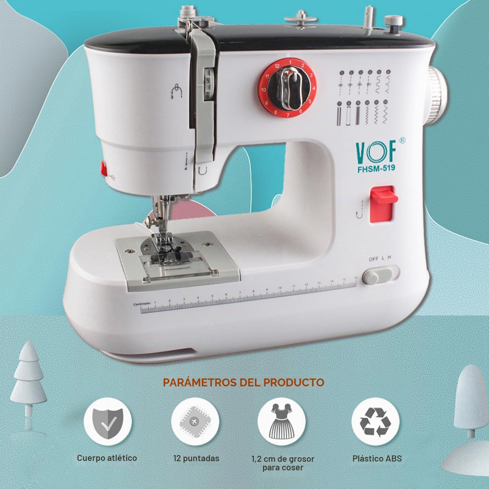 Máquina de coser FLSM-519, máquina de coser eléctrica para principiantes y niños, 12 puntadas, brazo libre, luz de costura y pedal eléctrico, enchufe UE