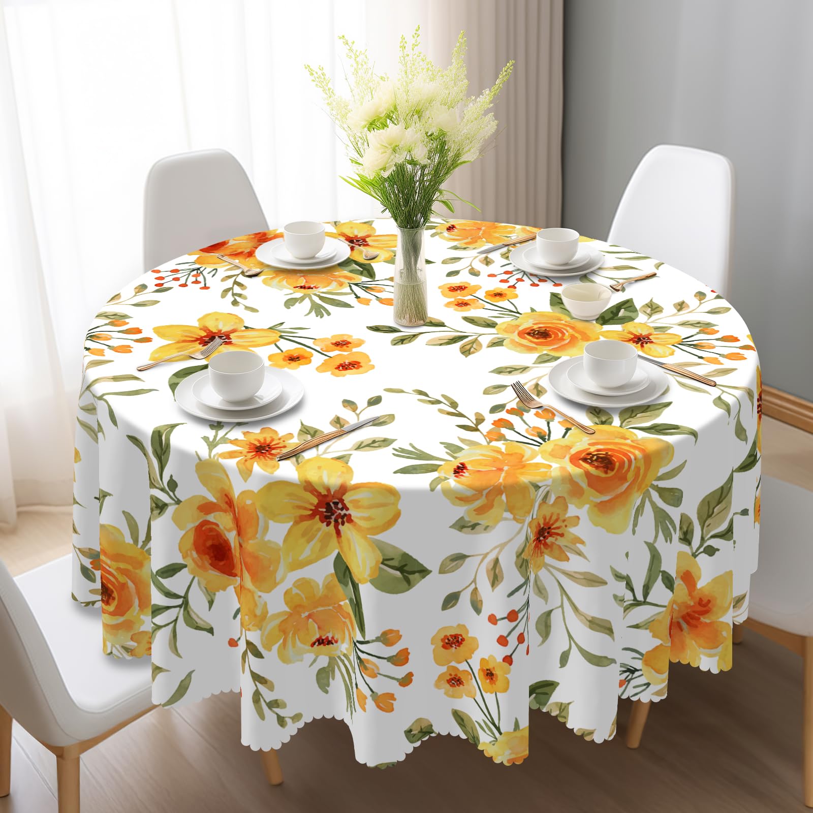 Eikione Round Tablecloth 70inch, Yellow Flower Tablecloth Waterproof and Wrinkle-Free, Table Covers, Summer Decorations for Home Dining