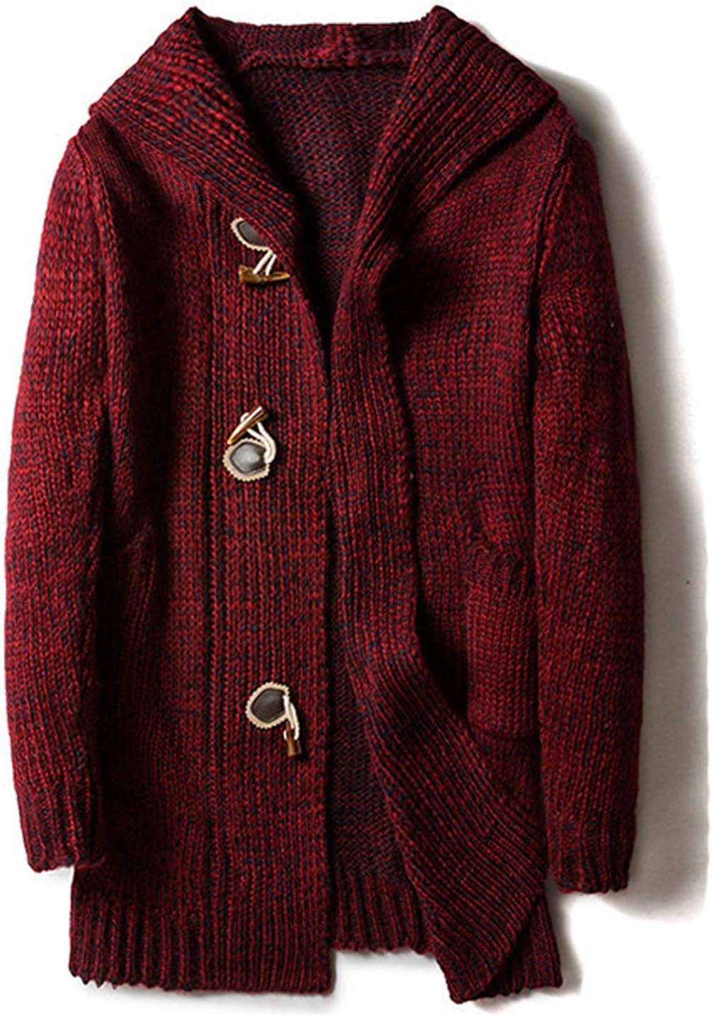 chouyatou Men's Chunky Toggle Button Mid-Length Knitted Cardigan Sweater Attached Hood