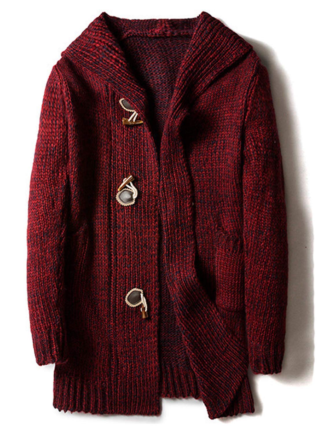 chroes Men's Chunky Toggle Button Mid-Length Knitted Cardigan Sweater Attached Hood |Wine Red |M-picture-27