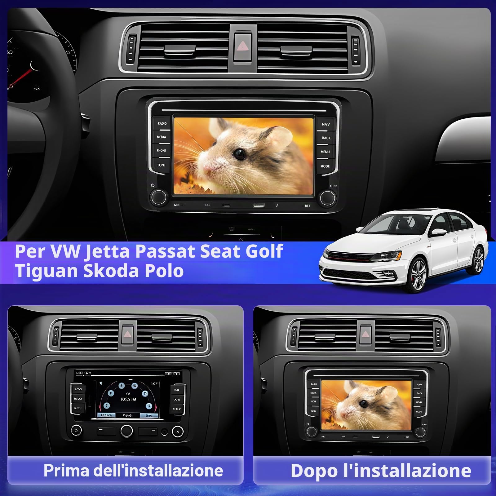 [4G+64G] Android Autoradio per VW Volkswagen Jetta Passat Seat Golf Tiguan Skoda Polo con Wireless Carplay & Android Auto, Schermo Touch 7 pollici con GPS, WiFi, Bluetooth 5.0, Radio FM/RDS,32EQ