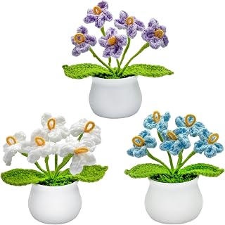 KELOVEYU 3PCS Crochet Forget-Me-Not Potted Artificial Flowers - Lifelike Handmade Desk Car Home Office Decor & Gifts for Mom Teachers