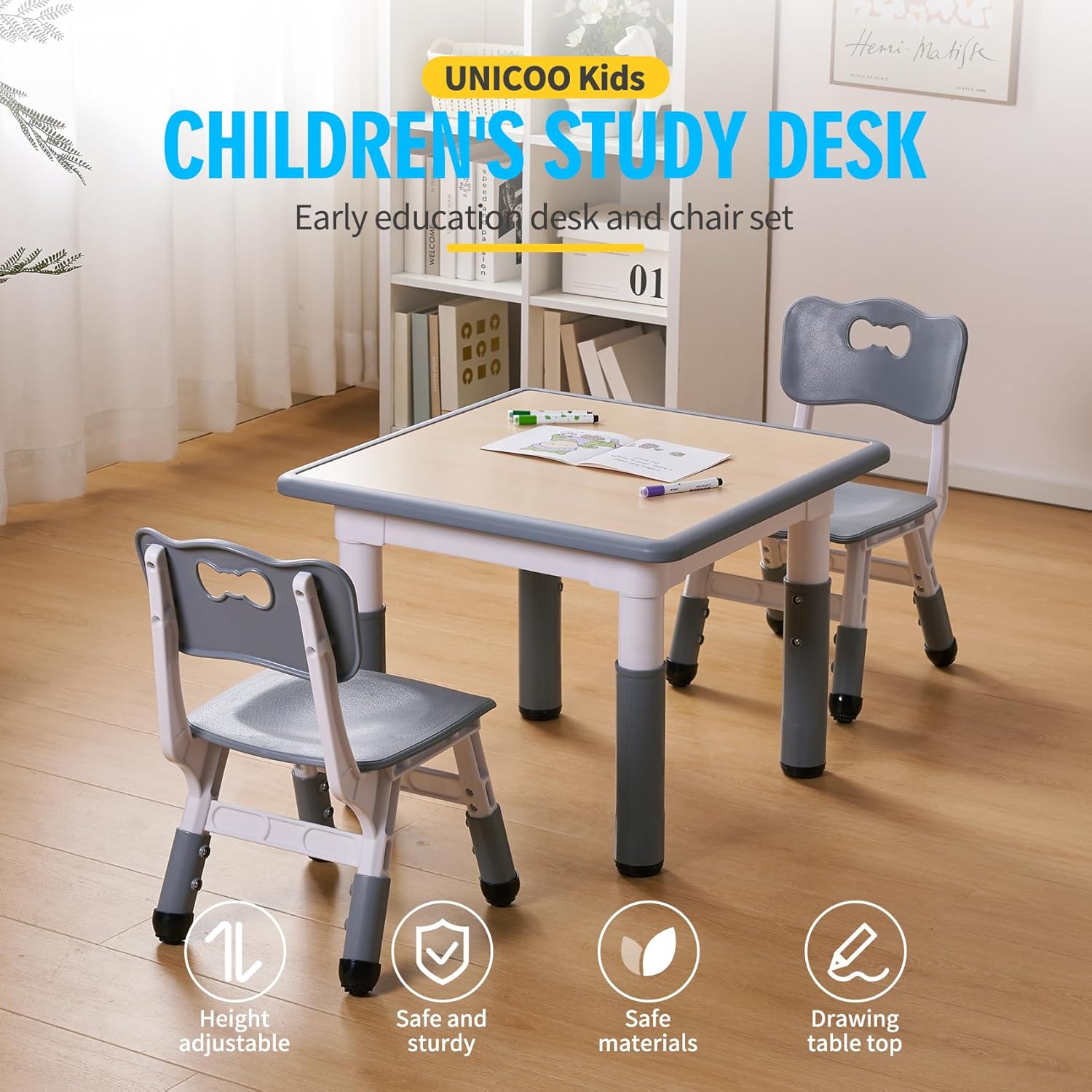 UNICOO - Kids 23""x23"" Three Piece Study Table and Chairs Set, Height Adjustable Plastic Children Art Desk with 2 Seats, Kids Multipurpose Activity Table Set (Maple Top with Grey Border), KT-TCO1
