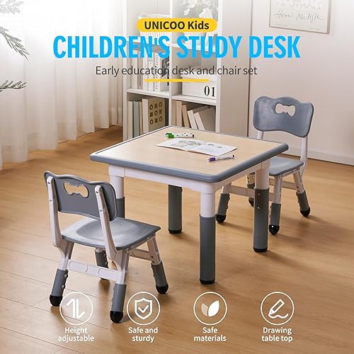 Miniatura 2 de UNICOO - Juego de mesa y sillas de estudio de tres piezas para niños de 23 x 23 pulgadas, escritorio artístico de plástico para niños de altura