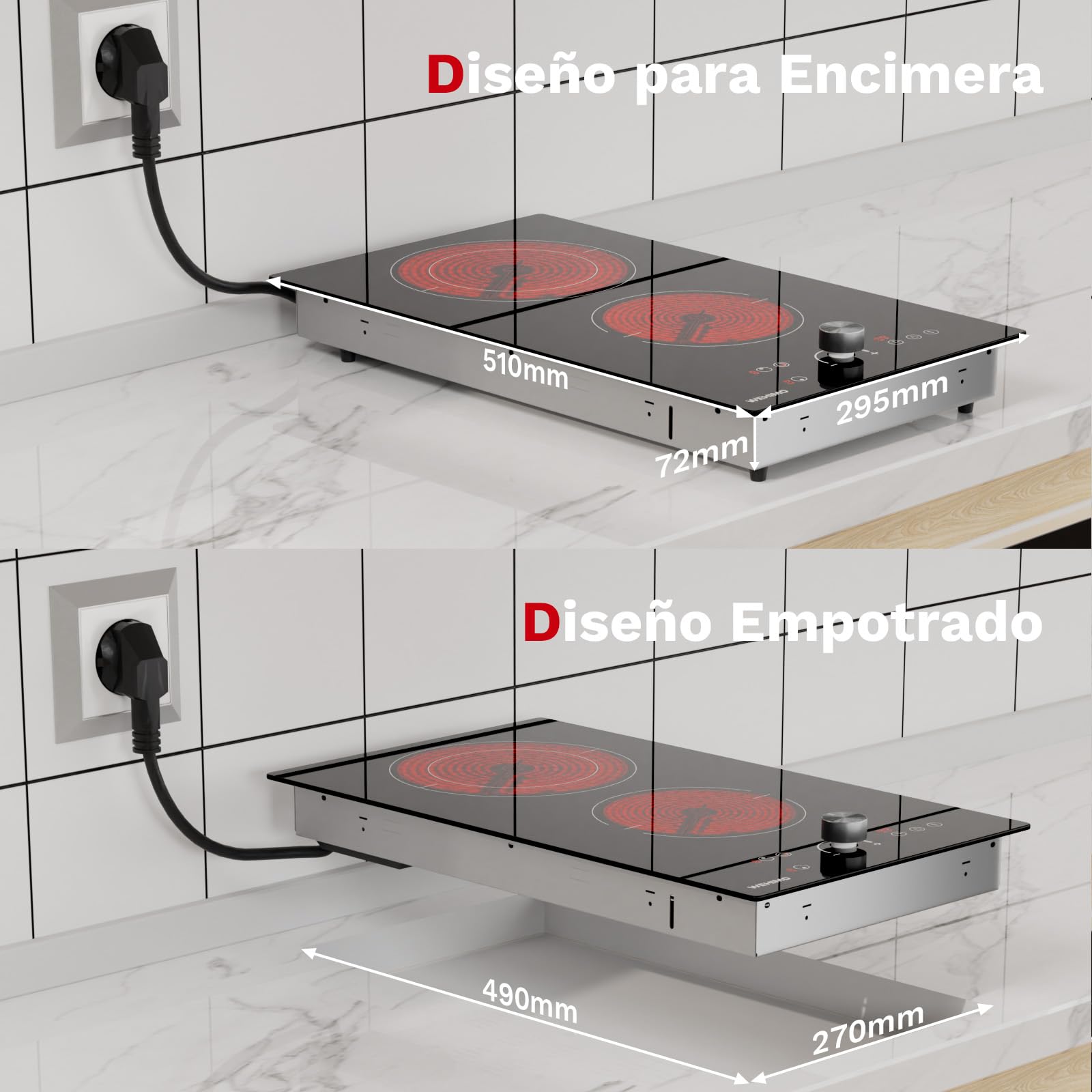 WEHIMO Placa Vitroceramica 2 Fuegos, 3400W, Control con Mandos Giratorios, Quemadores de Doble Corona, 9 Niveles de Potencia, Control Táctil, Seguridad para Niños, Temporizador de 1 a 99 Minutos
