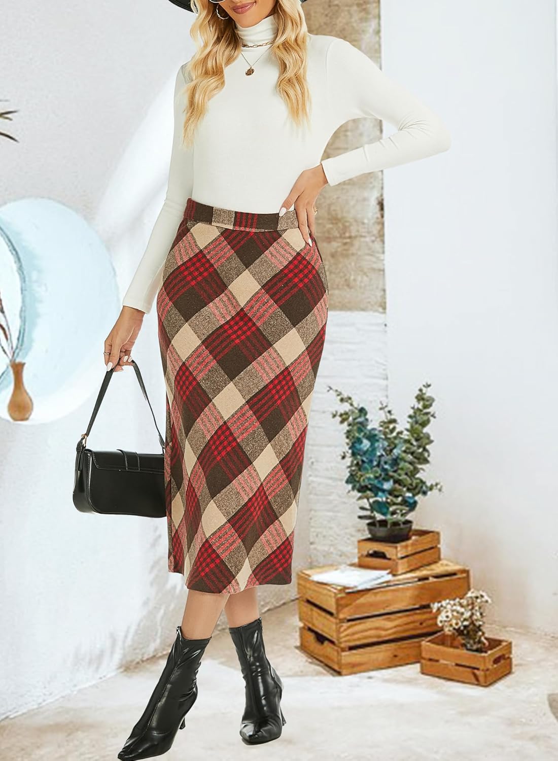 Womens Flannel Plaid Straight Vintage A Line Midi Length Long Pencil Skirt - Image 5