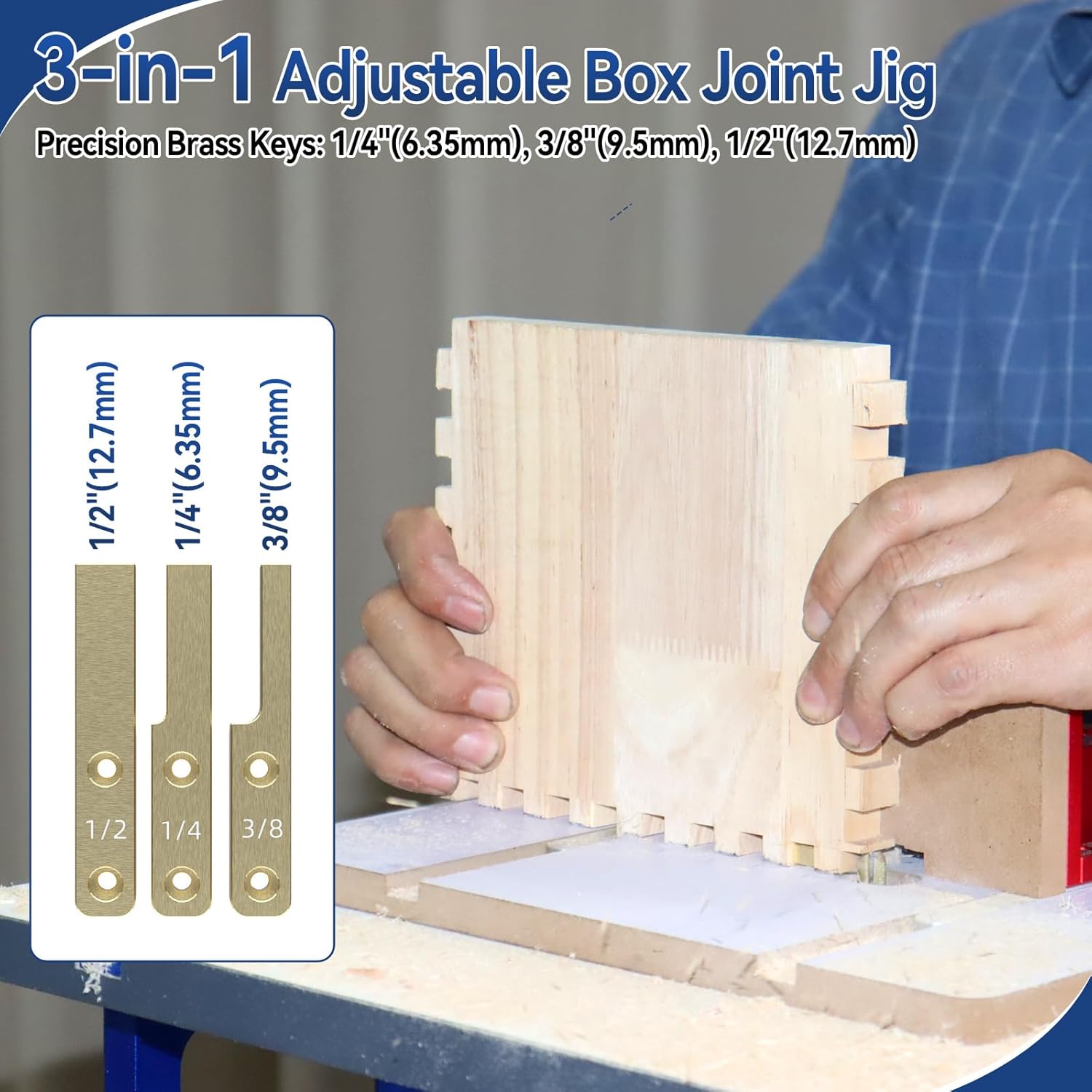 Router Table Box Joint Jig, Finger Joint Jig with 1/4", 3/8", 1/2" Brass Indexing Keys, Knobs to Lock Platform with 3/4" Miter Slot, Adjustable Box Joints Jig for Table Saws Router Tables