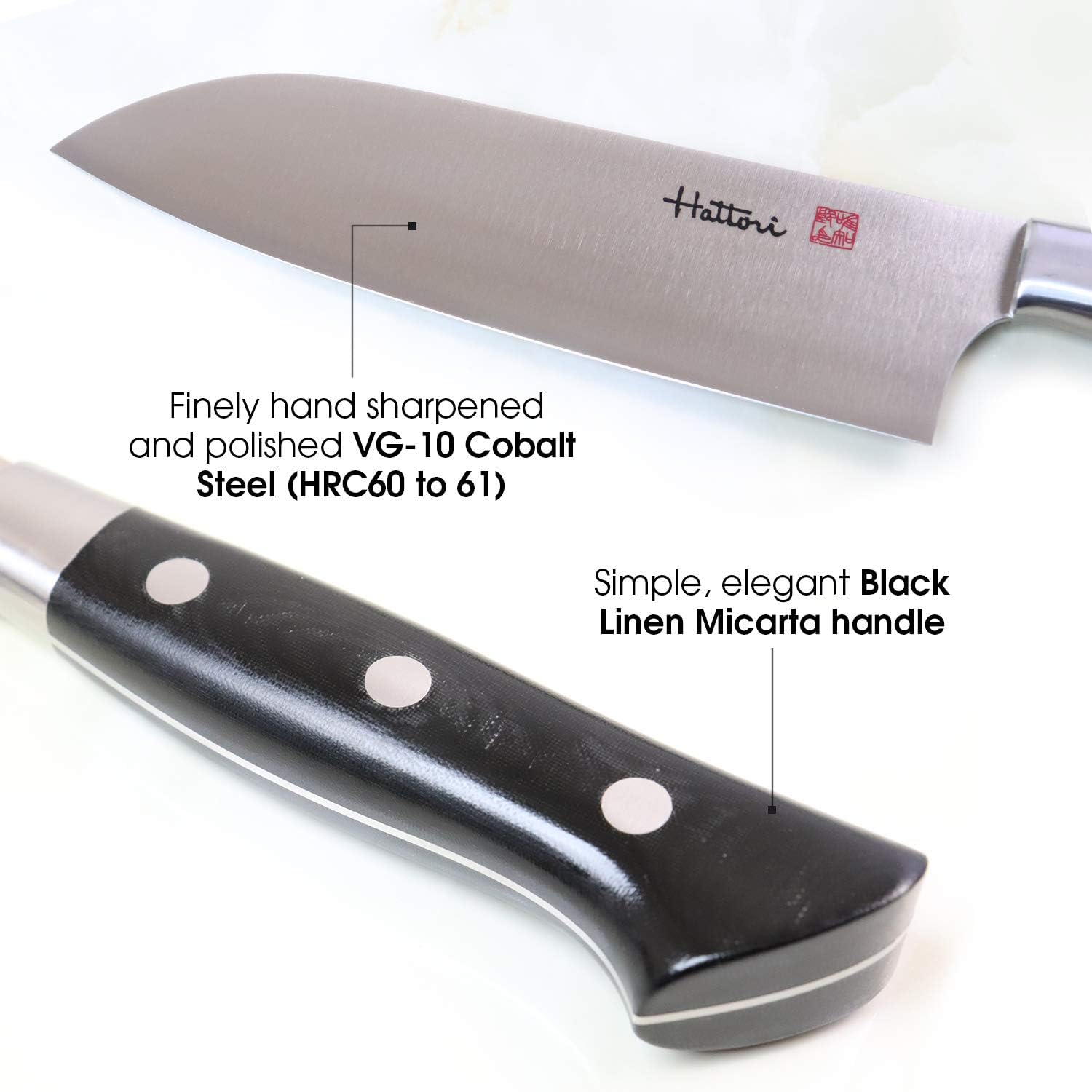 Hattori Japanese Chef’s Knife, FH-4L Professional Santoku Knife, VG-10 Cobalt Steel Pro Kitchen Knife with Ergonomic Black Linen Micarta Handle, 6.6 inch