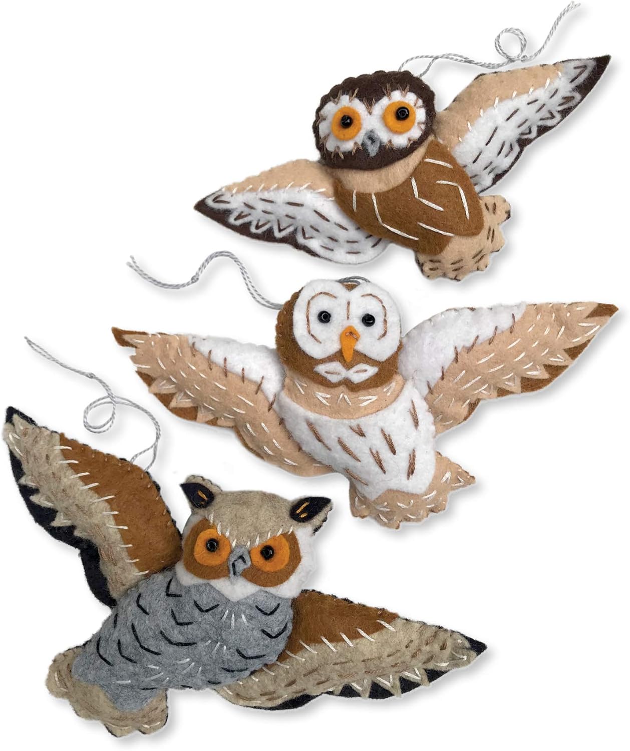 Heidi Boyd | Great Horned, Barn and Saw-Whet Owl Ornaments Kit | Elegant Handmade Felt Ornaments Add Wild Beauty to Your Tree | All Inclusive Felt Craft sewing Kit age 13