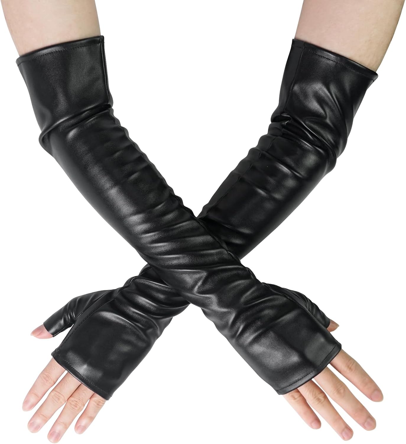 Luwint Long Fingerless Gloves, Faux Leather Women Elbow Length Sleeve for Dress Opera Party, Black (XS-M)