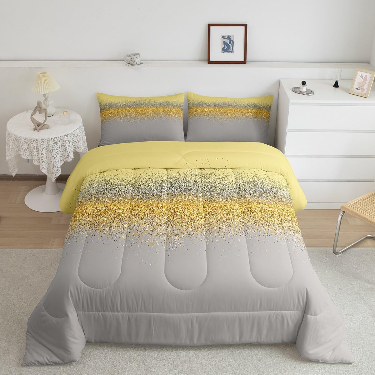 Solid Color Splicing Comforter King Size Set Gradient 3 Pieces Lightweight Bed Duvet Comforter Fashion Modern Bedding Comforters & Sets Woman Man Soft All Season Quilt Yellow&Grey