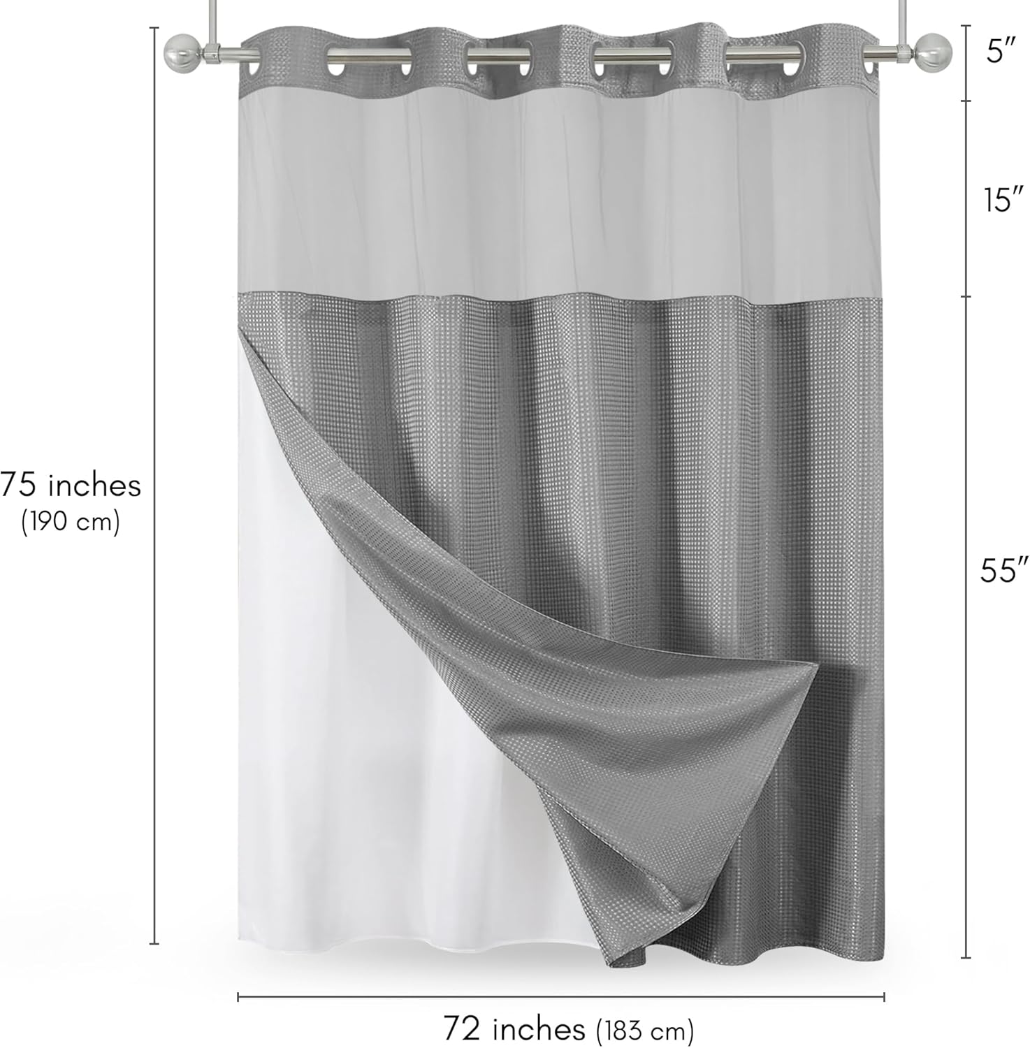 Americanflat 72x75 Hookless Waffle Pattern Shower Curtain - Water-Resistant Long Shower Curtain with Sheer Panel, Snap-in Liner, and Durable Grommets - 100% Polyester - Light Grey