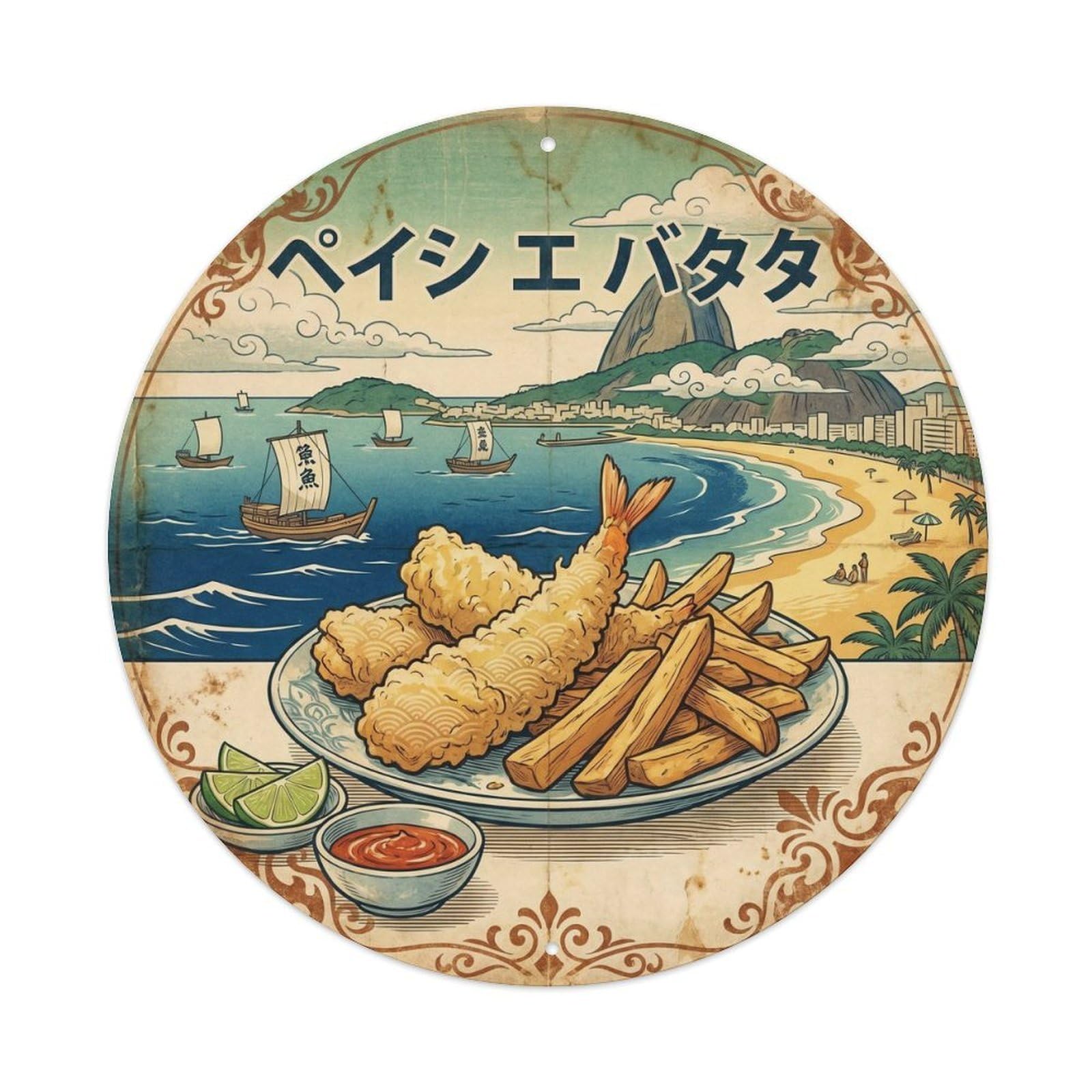 Brazil Travel Fish And Chips Fry Shop Retro Woodblock Metal Tin Sign