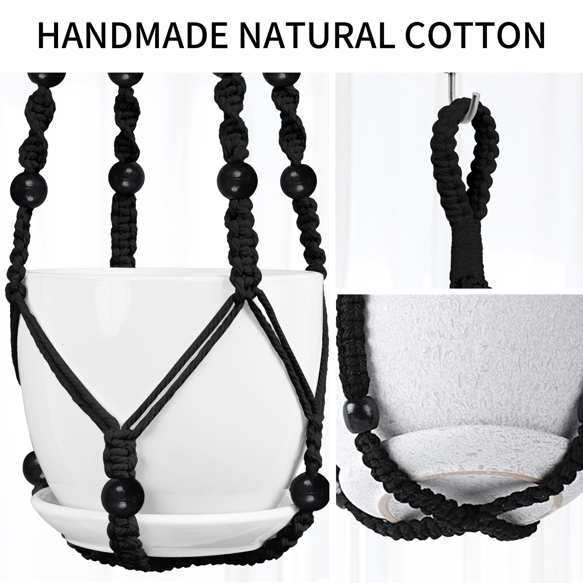 Lot de 3 suspensions en macramé pour plantes – 109,2 cm/88,9 cm/73,7 cm de différentes tailles, support de pot de fleurs à suspendre pour intérieur et extérieur, avec perles en bois