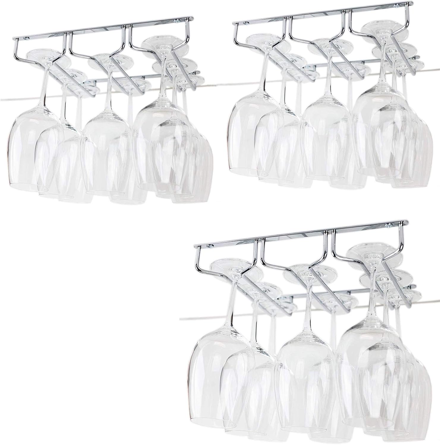 Huji Durable Under Cabinet Stemware Rack Storage Organization (3 Pack, Chrome)