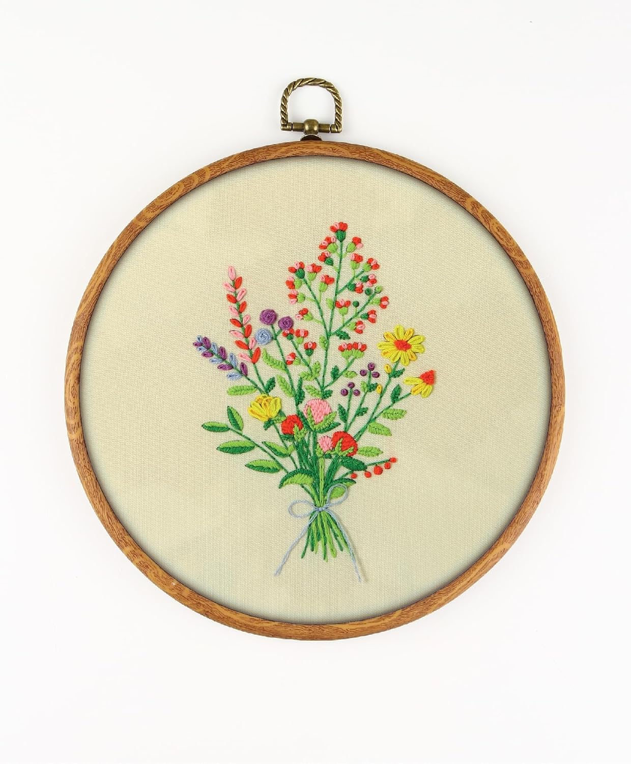 Wildflowers Bouquet EM187 - DIY Embroidery Kit. Set of Threads, Needles, Stamped Cloth, Needle Threader, Embroidery Clippers and Printed Color Pattern Inside.