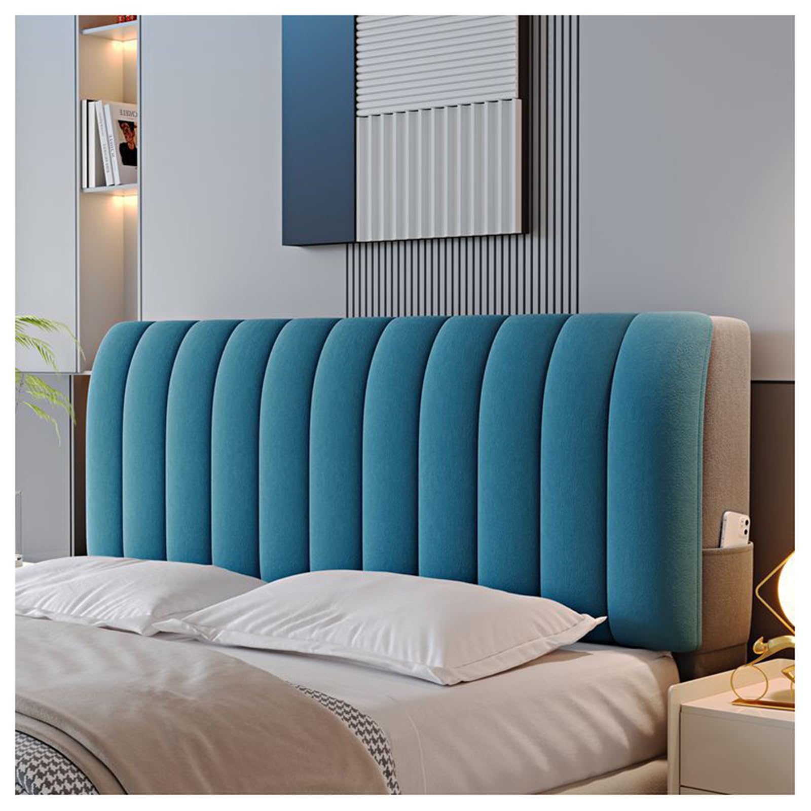 Gofohimi Blue Velvet Bed Headboard Slipcover For Queen, King, Twin Size Beds - Quilted Dustproof Protector, 120Cm