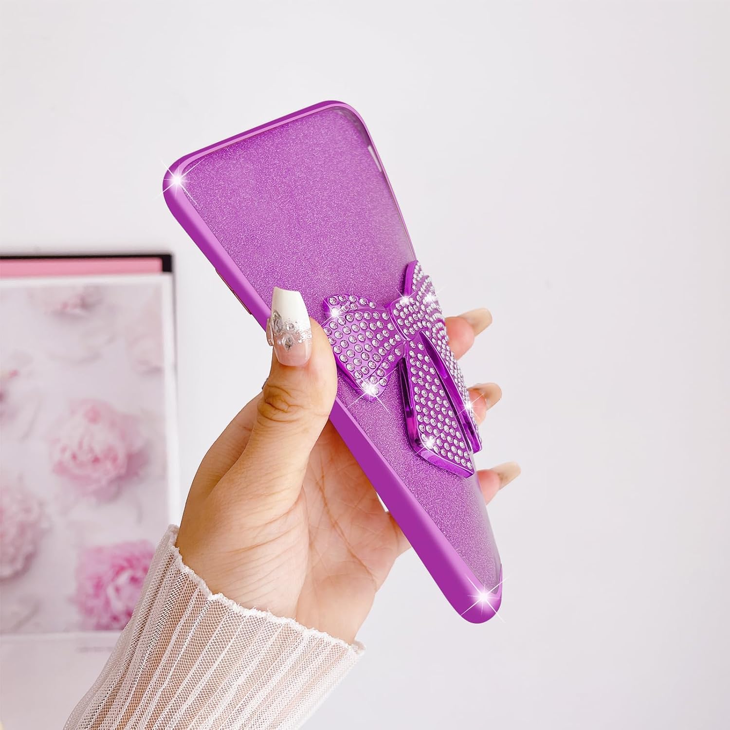 for Samsung Galaxy A03S Case Case for Women Glitter Stylish Soft Clear TPU Luxury Cute 3D Bowknot Crystal Sparkly Shiny Protective Cover with Strap for Samsung Galaxy A03S(Bowknot Purple) image 5